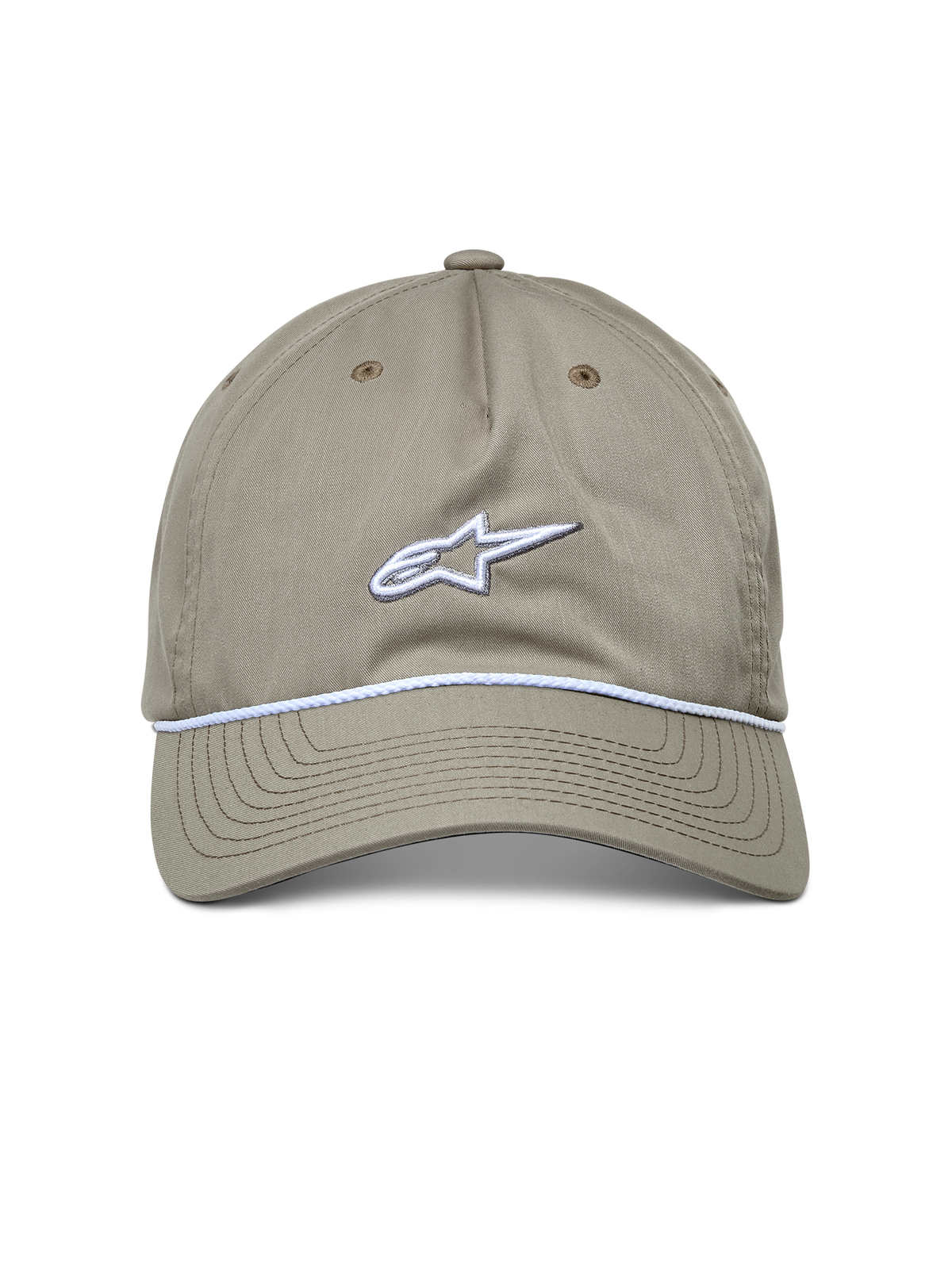 Alpinestars Cappello Tyler, cappello casual sportivo, khaki, vista frontale con logo ricamato bianco e finitura in corda intrecciata, visiera curva, design con corona bassa non strutturata