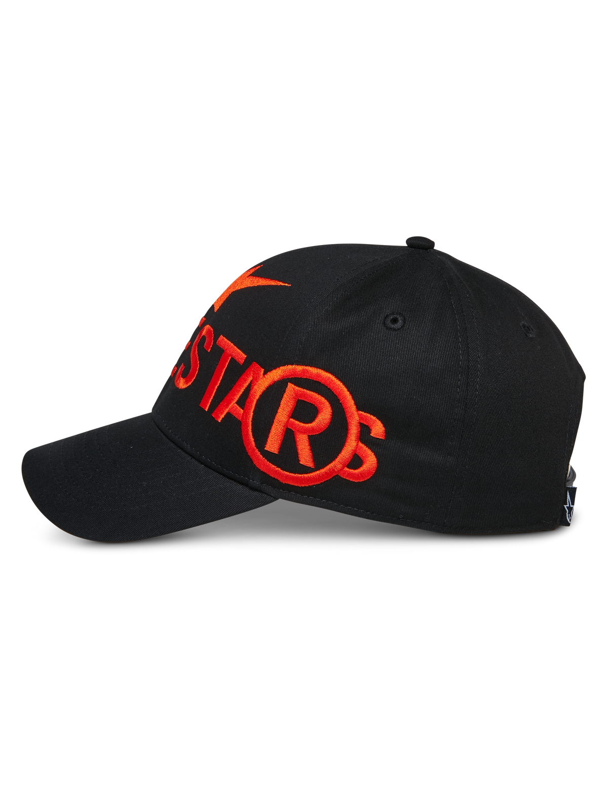 Cappello Alpinestars Committed, nero, berretto da baseball snapback, vista laterale con grande logo ricamato piatto arancione, corona strutturata con visiera curva, accessorio lifestyle motorsport casual