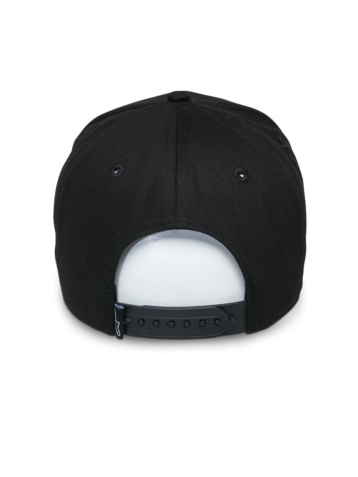 Cappello Alpinestars Committed, cappello snapback nero, vista posteriore con chiusura a pressione regolabile e piccola etichetta in tessuto, corona strutturata, copricapo casual ispirato al motorsport
