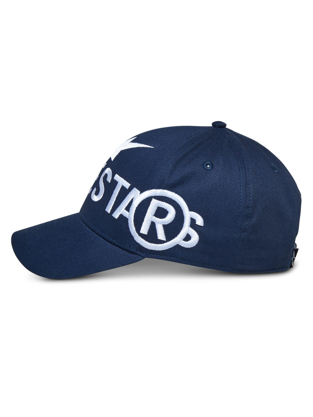 Cappello Alpinestars Committed, snapback blu navy, vista laterale con grande logo ricamato bianco, visiera curva e corona strutturata, abbigliamento sportivo casual