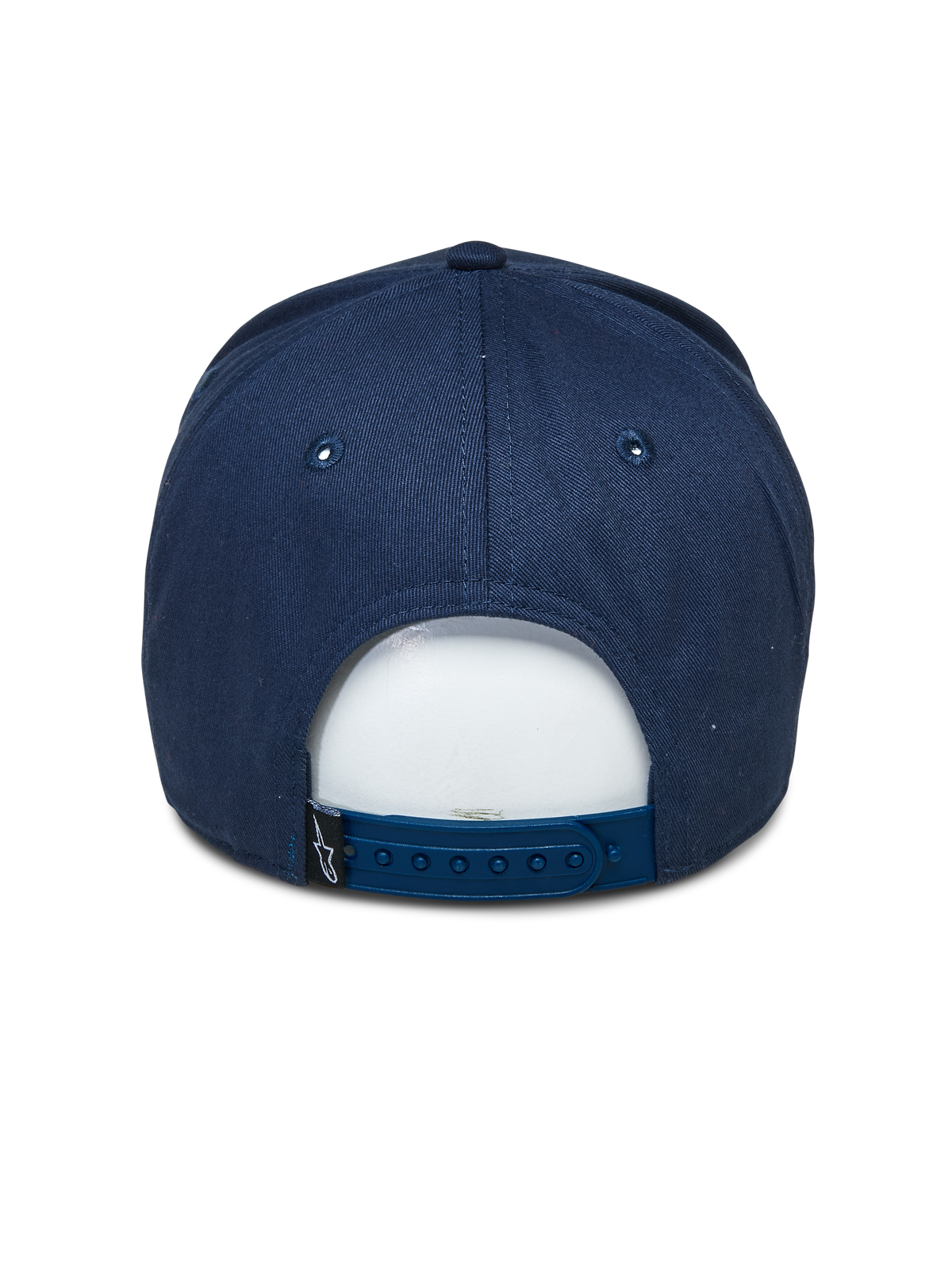 Cappello Alpinestars Committed, blu navy, berretto da baseball snapback, vista posteriore, con chiusura regolabile in plastica e piccola etichetta nera con logo, copricapo casual ispirato al motorsport