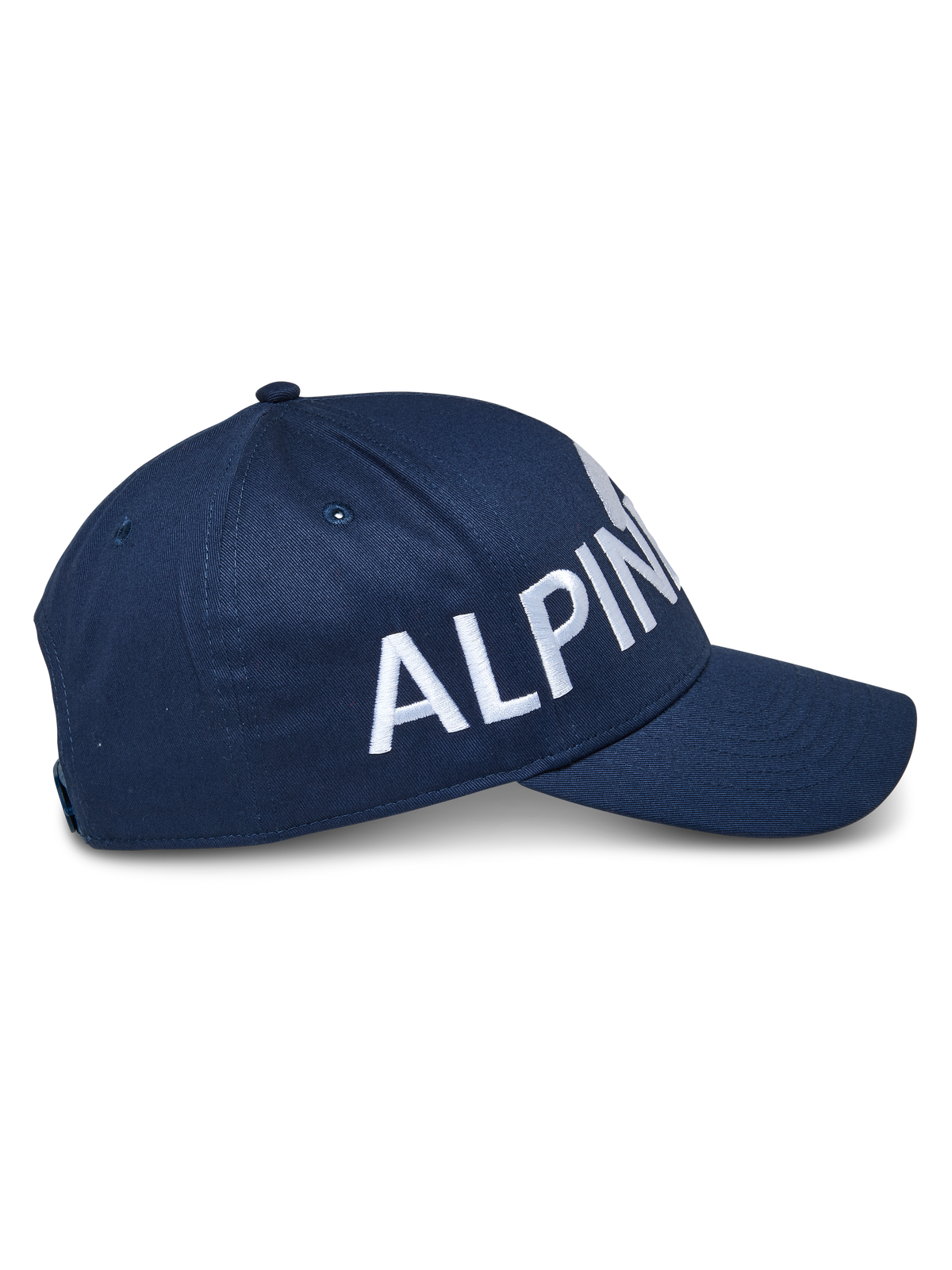 Alpinestars Committed Hat, cappellino da baseball snapback, blu navy, vista laterale con grande logo bianco ricamato, corona strutturata con visiera curva, tessuto twill resistente, copricapo casual motorsport