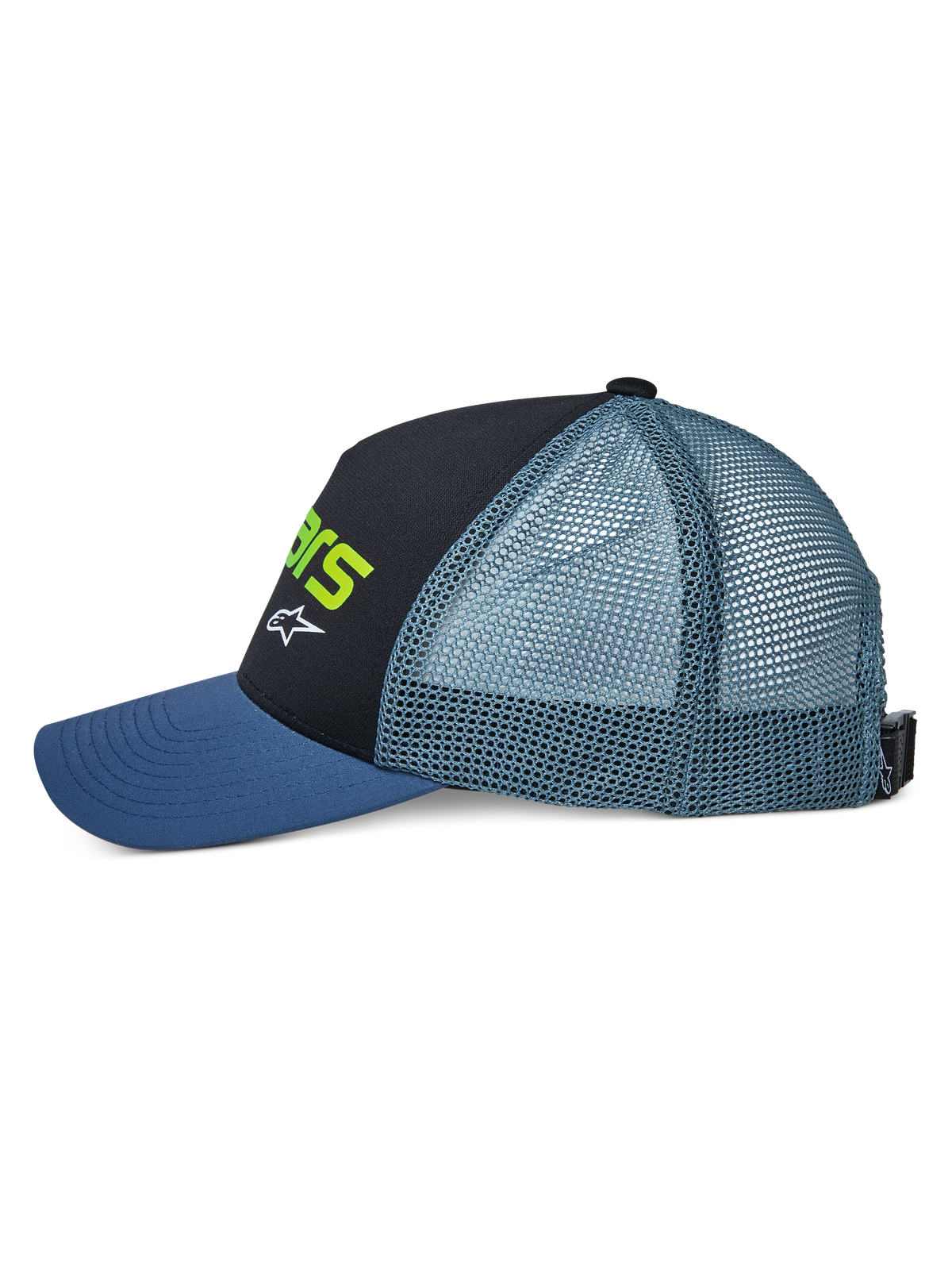 Alpinestars Vital Trucker Hat, vista laterale, con visiera curva blu, pannello frontale strutturato nero con scritta verde lime e logo bianco, retro in rete ottanio e chiusura regolabile con fibbia, copricapo casual da motorsport