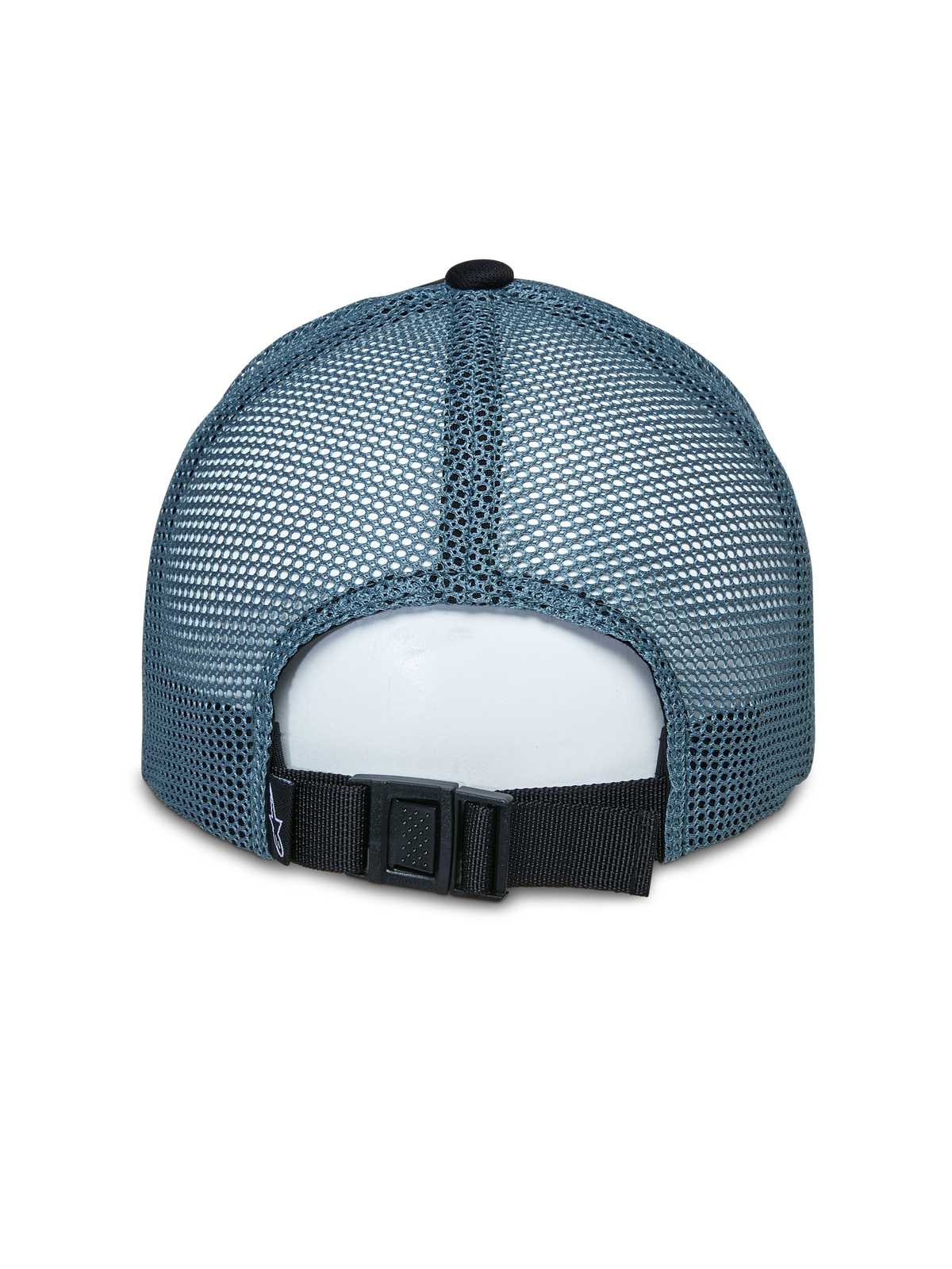 Alpinestars Vital Trucker Hat, vista posteriore, pannelli posteriori in mesh blu, chiusura regolabile con fibbia nera, corona strutturata, copricapo sportivo casual