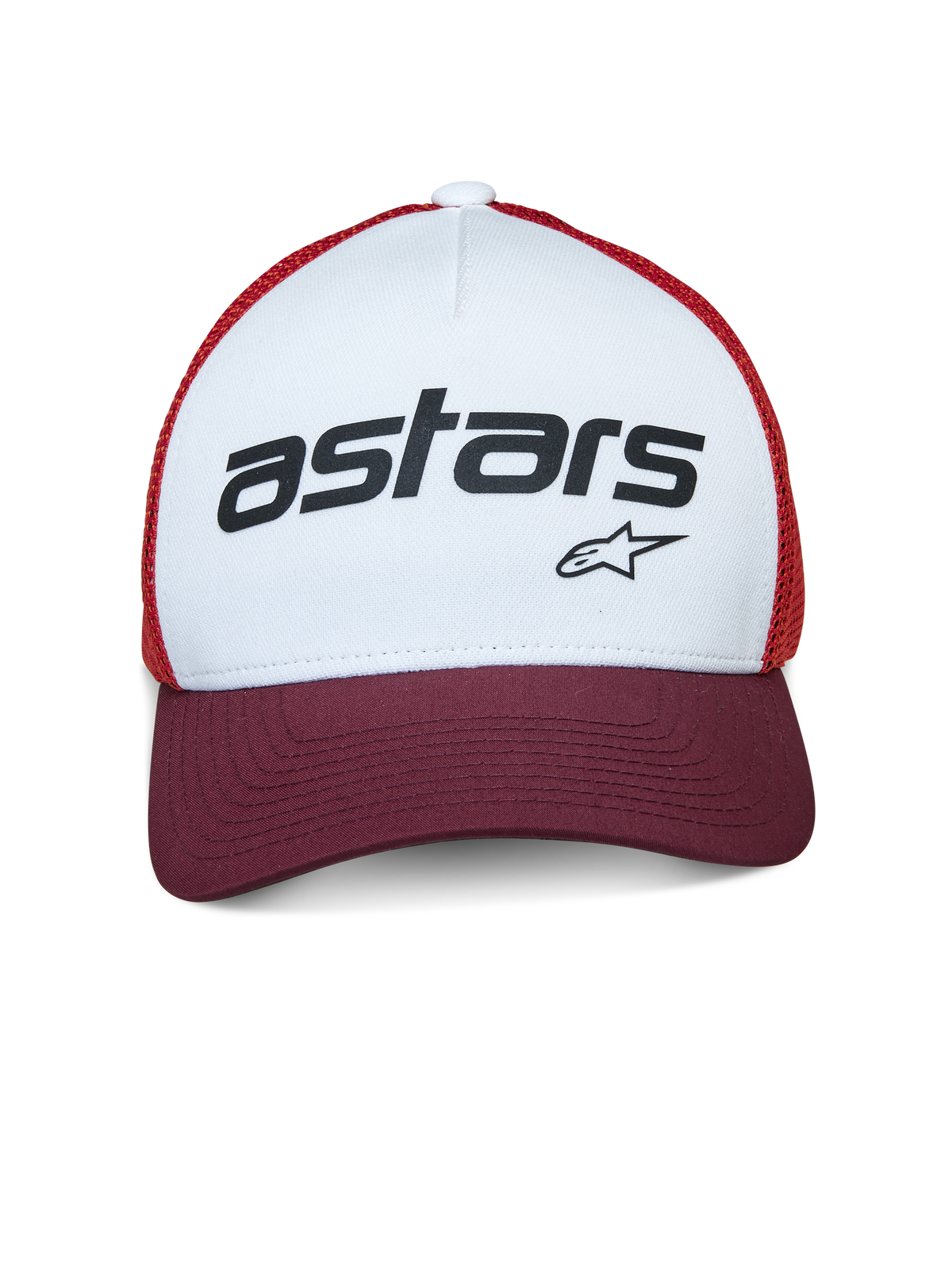 Alpinestars Vital Trucker Hat, cappello trucker, bianco, bordeaux e arancione, con pannello frontale bianco e marchio 'astars' nero, visiera curva bordeaux e rete arancione, copricapo casual ispirato al motorsport