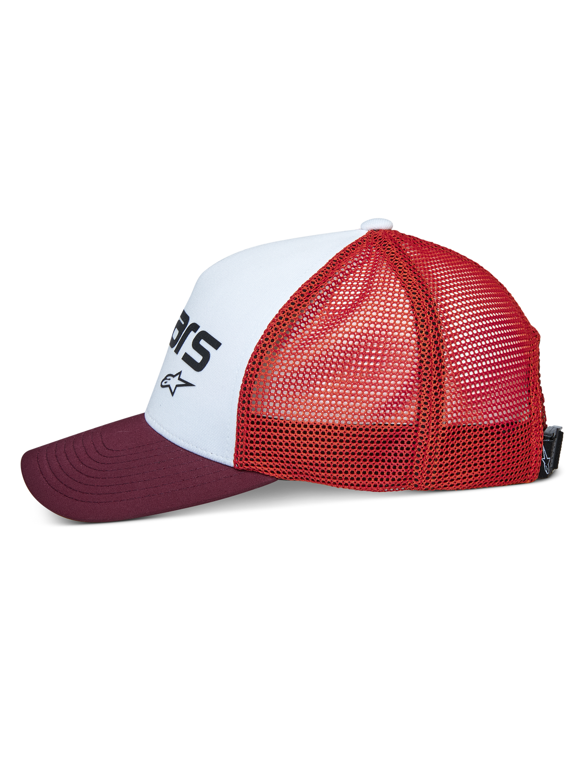 Cappello Trucker Alpinestars Vital, vista laterale, pannello frontale strutturato bianco con logo nero, visiera curva bordeaux, retro in rete arancione, accessorio sportswear casual