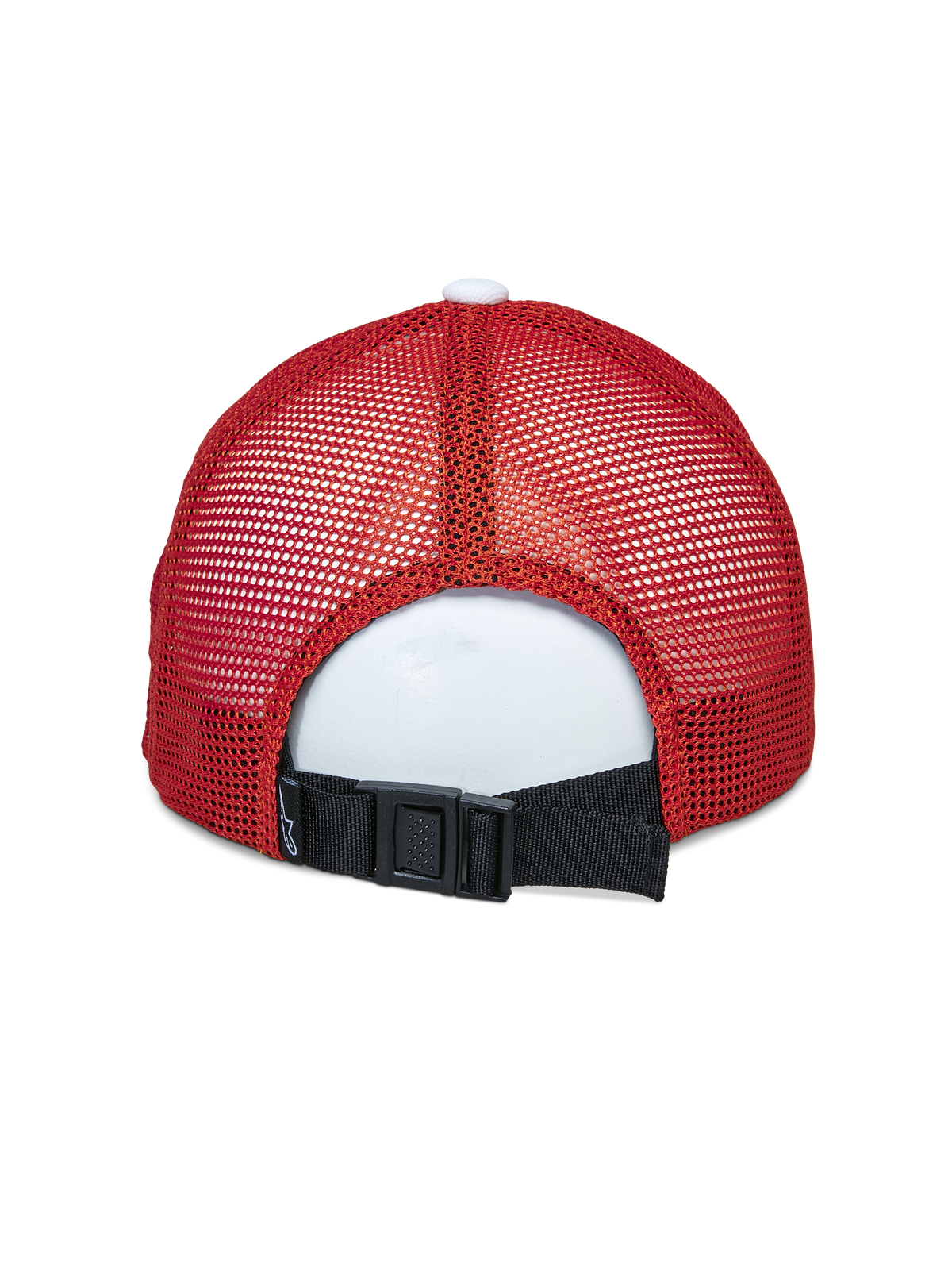 Alpinestars Vital Trucker Hat, vista posteriore, bianco bordeaux arancione, con pannelli in mesh rossa e chiusura posteriore regolabile con fibbia nera, cappello sportswear casual