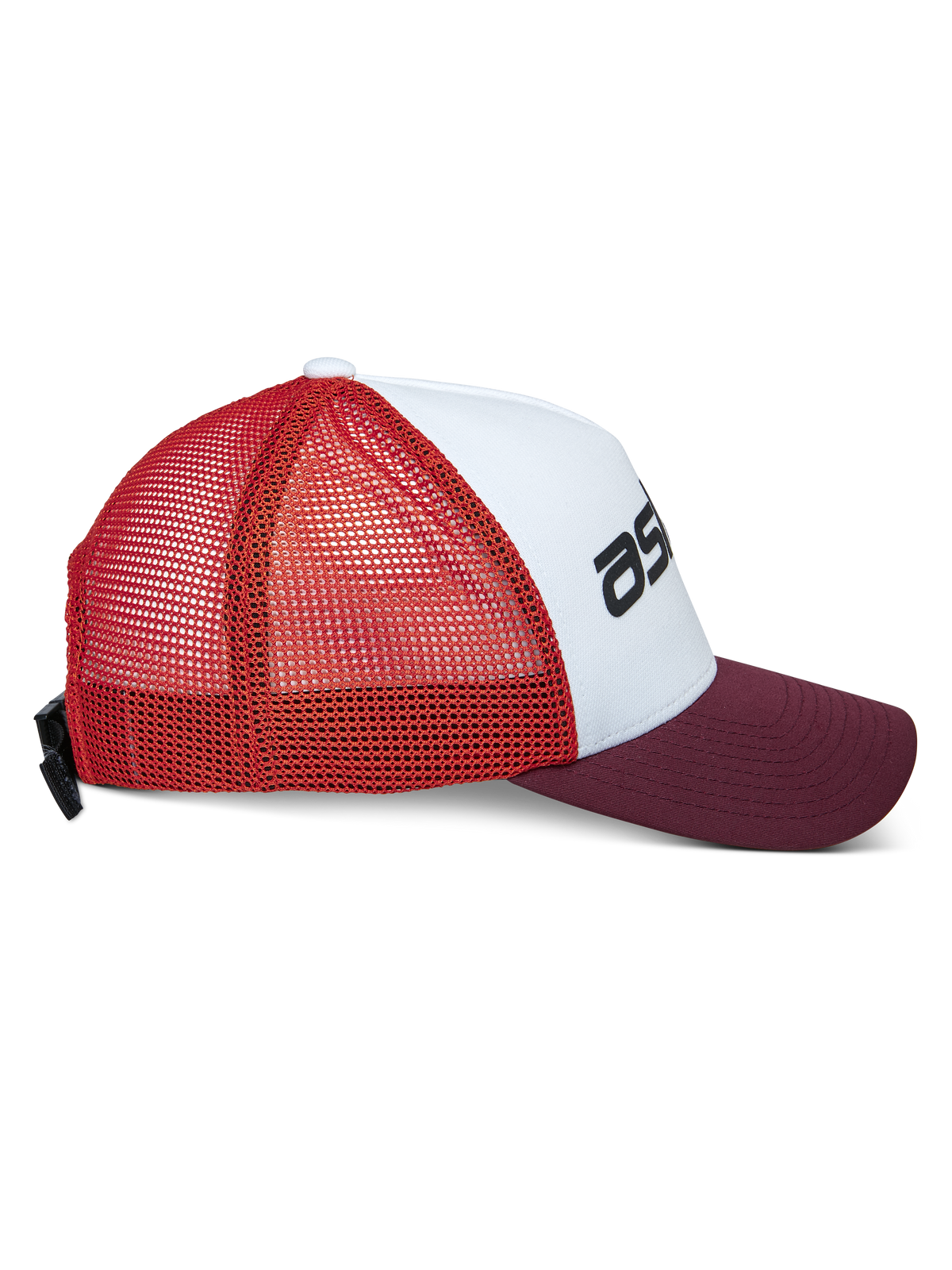 Alpinestars Vital Trucker Hat, cappello trucker casual, bianco, bordeaux e arancione, vista di profilo con visiera curva e retro in rete, chiusura regolabile con fibbia, corona strutturata con logo nero