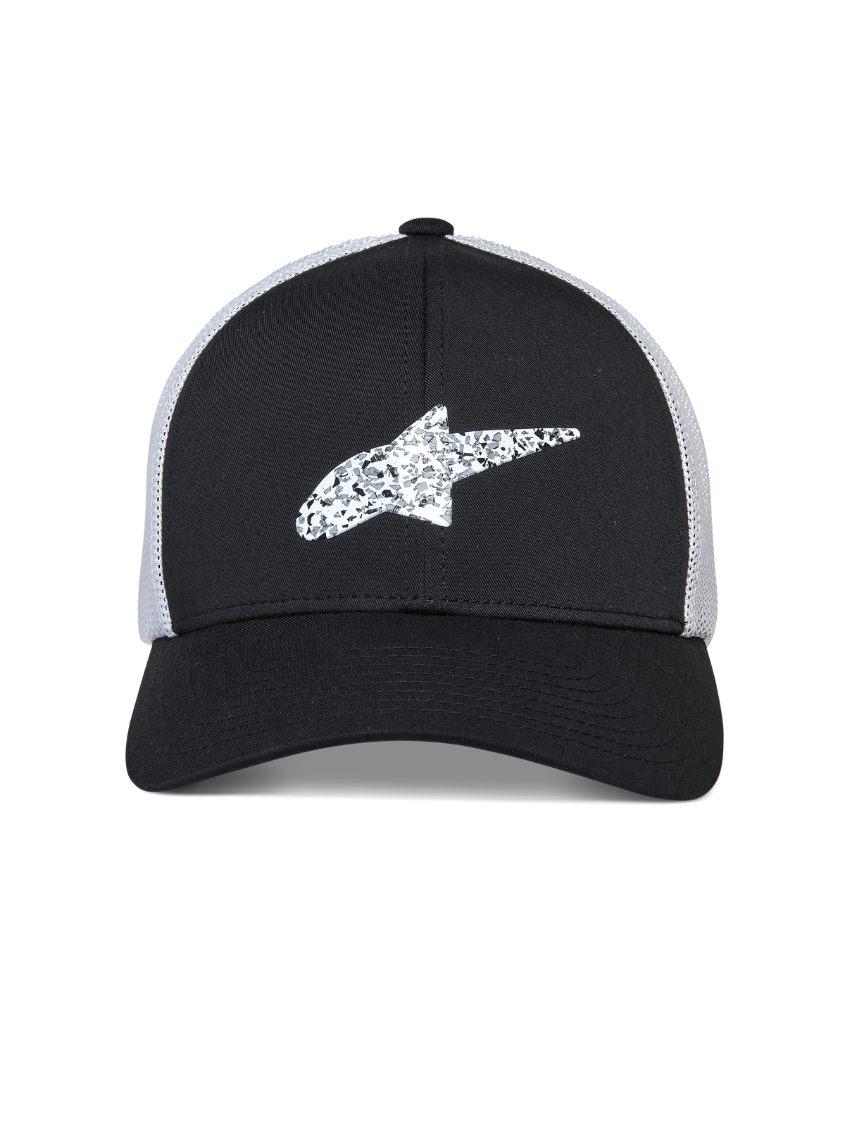 Cappello Trucker Alpinestars Terolithic, cappello sportswear, nero con retro in rete bianca, logo stella Alpinestars bianco testurizzato sul davanti, visiera curva e corona bassa strutturata