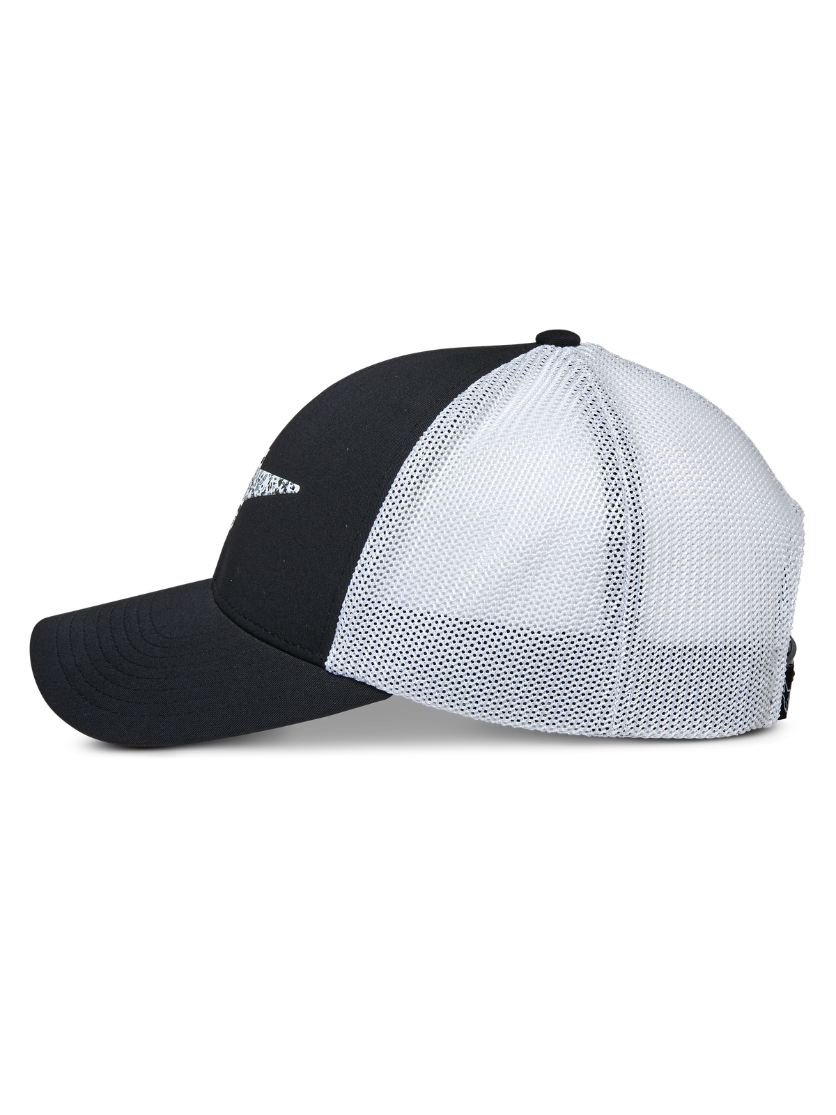 Cappello Trucker Alpinestars Terolithic, profilo laterale, pannelli anteriori neri e visiera curva con pannelli posteriori in rete bianca, cappellino snapback casual sportivo
