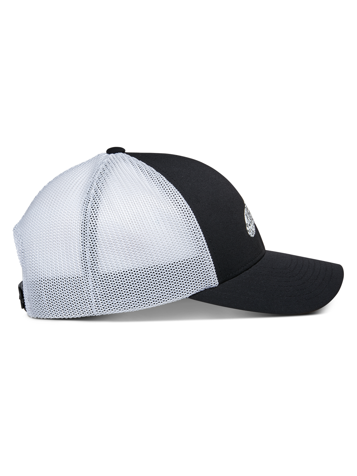 Cappello Trucker Terolithic Alpinestars, vista laterale, pannello frontale nero con visiera curva, pannelli posteriori in rete bianca, corona bassa strutturata, classico copricapo in stile trucker