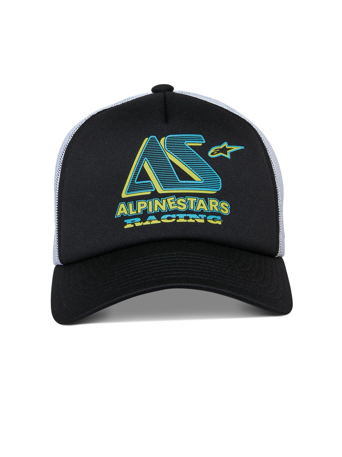 Alpinestars Ayess Trucker Hat, cappellino snapback, nero e bianco, grafica Alpinestars Racing verde acqua e gialla sulla corona in schiuma, visiera curva e retro in rete bianca, design casual ispirato al motorsport