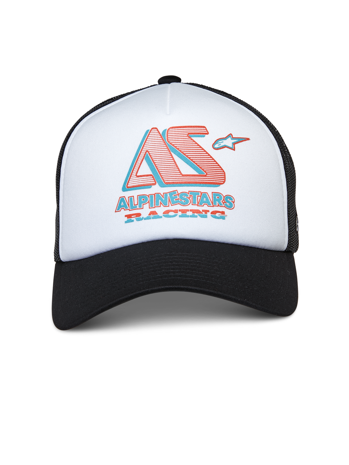 Cappello Trucker Alpinestars Ayess, cappellino trucker bianco e nero, pannello frontale in schiuma bianca con visiera curva nera e retro in rete, logo AS stilizzato e logo Alpinestars Racing in rosso e blu, streetwear casual ispirato al motorsport