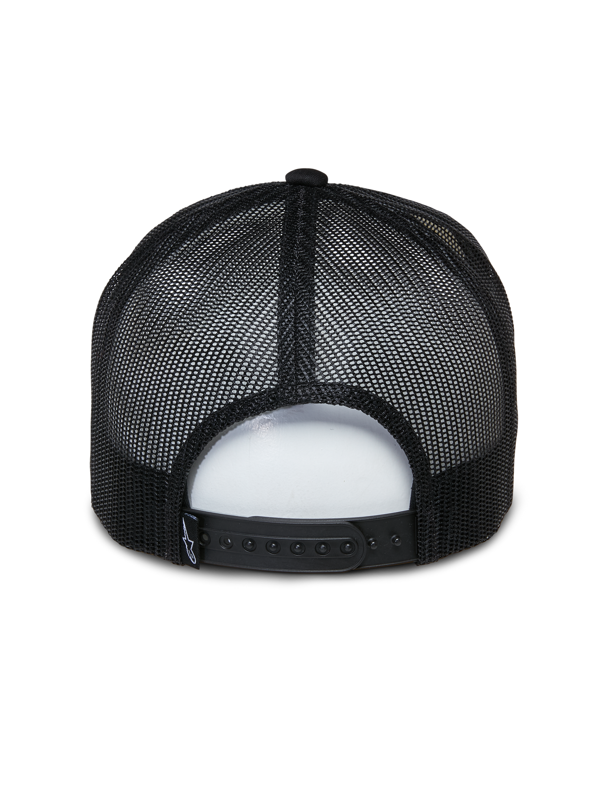 Cappello Trucker Alpinestars Ayess, cappello casual sportswear, bianco e nero, vista posteriore con pannelli in rete traspirante nera e chiusura snapback regolabile, design classico da trucker con corona in schiuma