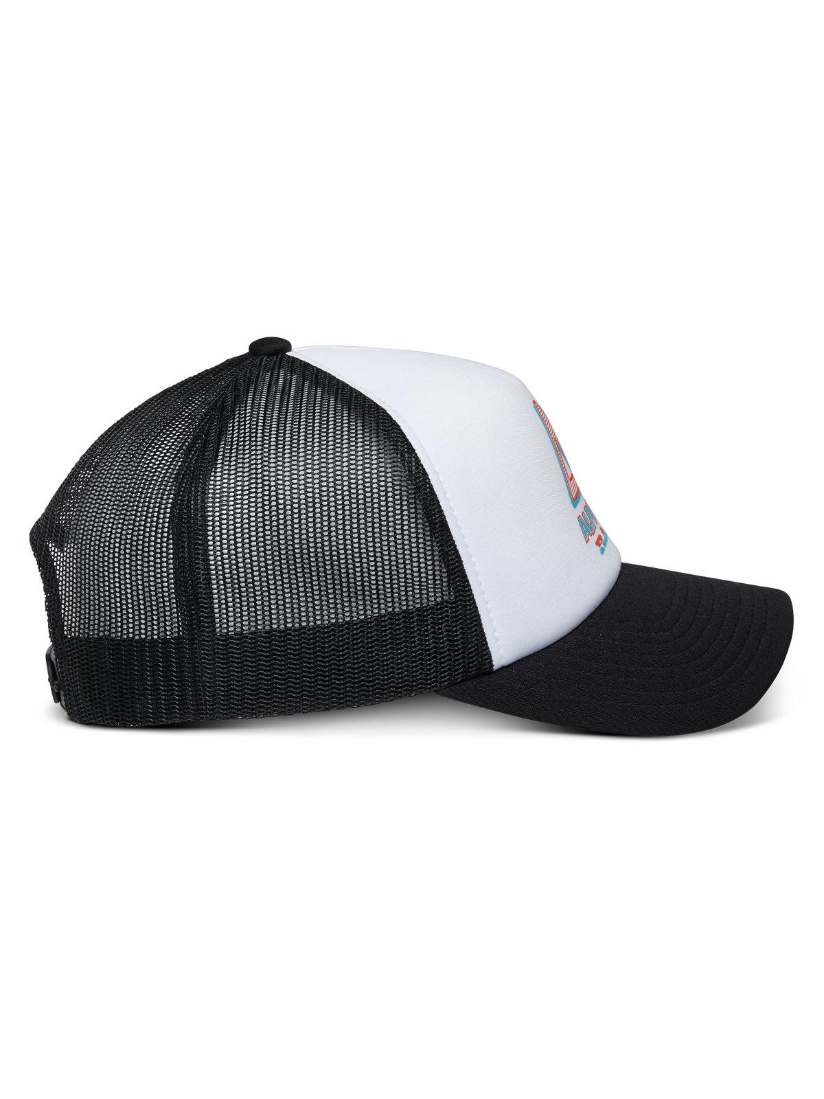 Cappello Trucker Alpinestars Ayess, bianco e nero, vista laterale con visiera nera curva, corona in schiuma bianca con logo stampato sul davanti e retro in rete nera traspirante, copricapo casual da motorsport