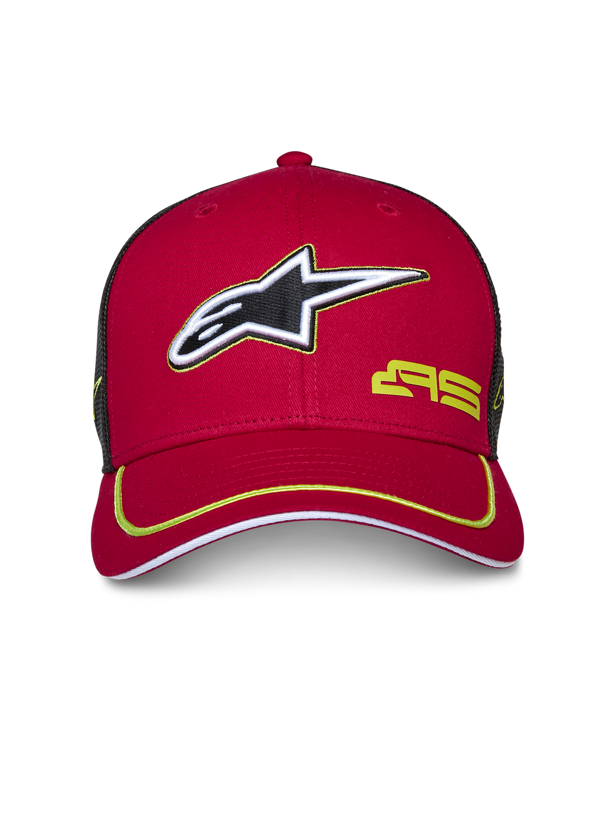 Cappello Trucker Alpinestars Exceed, rosso e nero, visiera curva con profilo verde lime, logo Alpinestars ricamato in 3D, retro in rete nera, corona strutturata, copricapo casual da motorsport