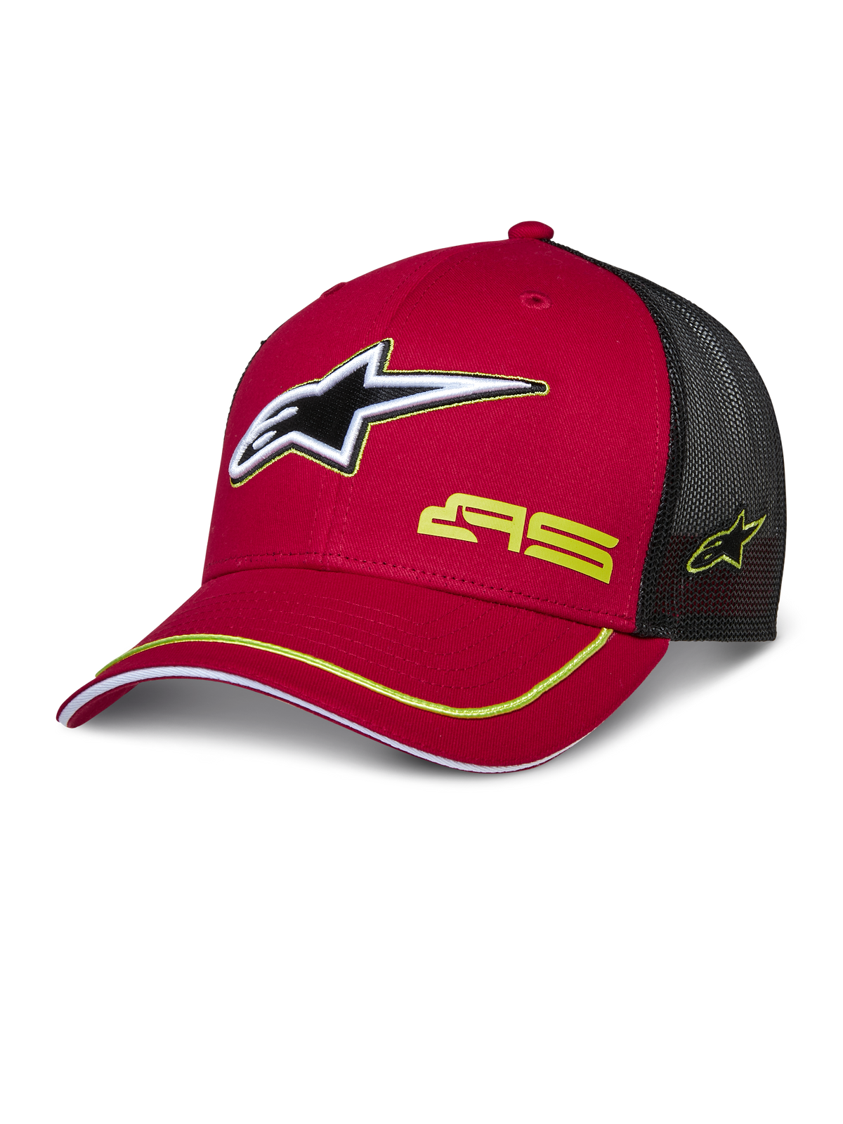 Alpinestars Exceed Trucker Hat, cappello da baseball rosso e nero con retro in rete, logo stella 3D, marchio AS giallo e profilo giallo sulla visiera curva