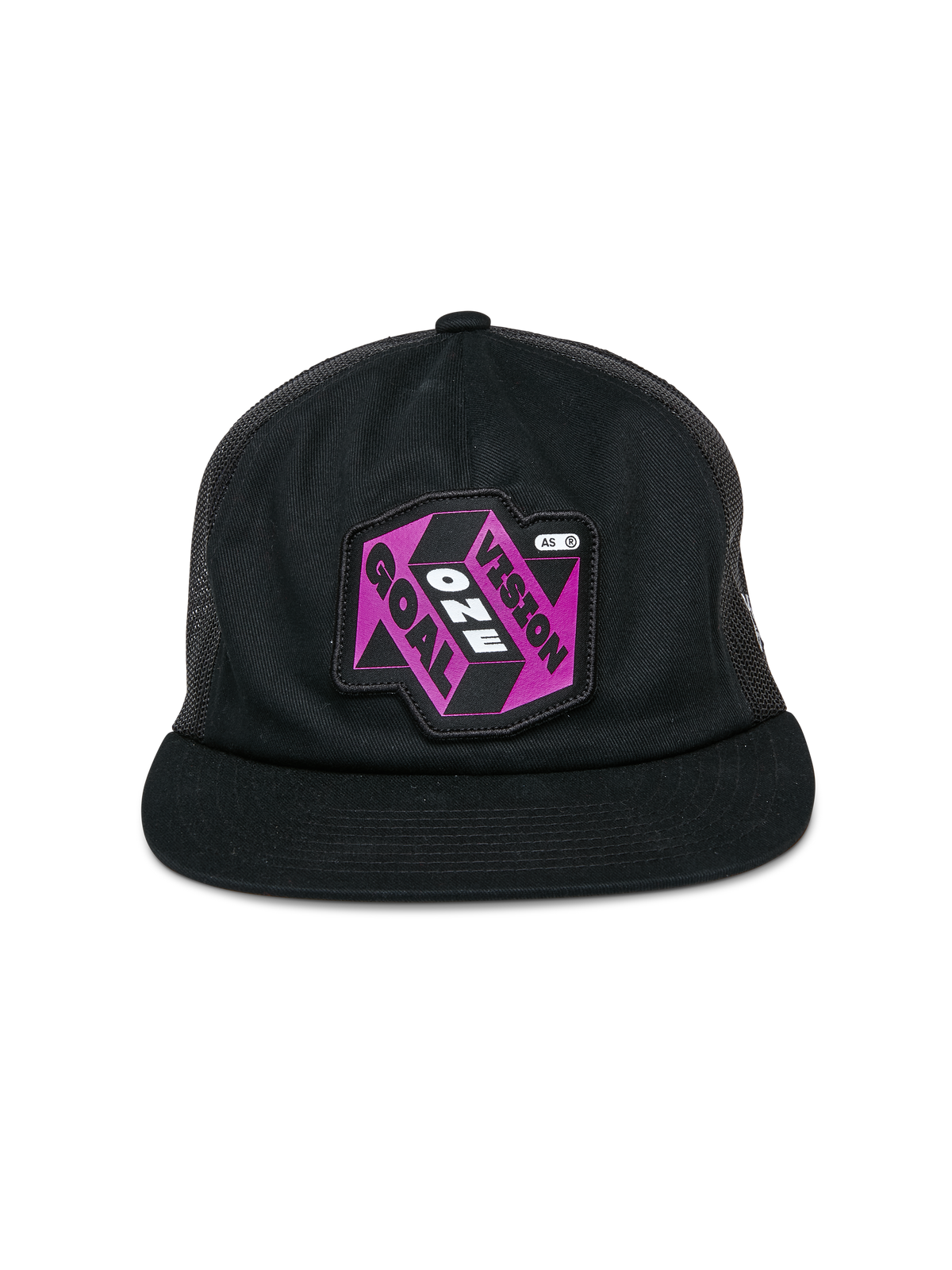 Alpinestars Cappello That Way Trucker, cappellino trucker nero, caratterizzato da una toppa grafica viola e nera con scritta 'One Vision One Goal', visiera piatta, corona strutturata e pannelli posteriori in rete, copricapo casual ispirato al motorsport