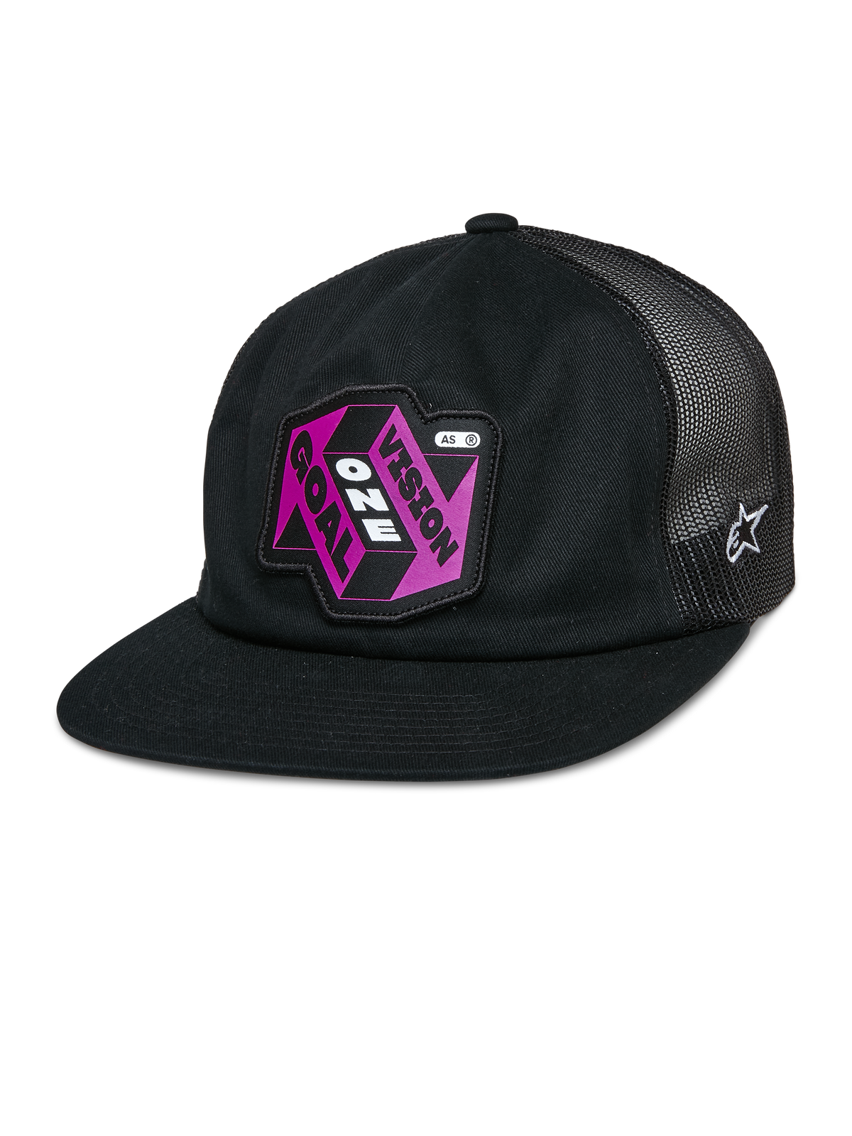 Alpinestars That Way Trucker Hat, cappello snapback nero con retro in rete, visiera piatta, patch rosa e viola 'Vision One Goal', logo Alpinestars a stella bianco, sportswear casual