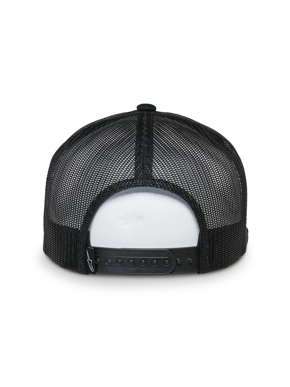 Alpinestars That Way Trucker Hat, vista posteriore, nero, pannelli posteriori in rete con chiusura snapback regolabile, piccola etichetta con logo, copricapo casual ispirato al motorsport