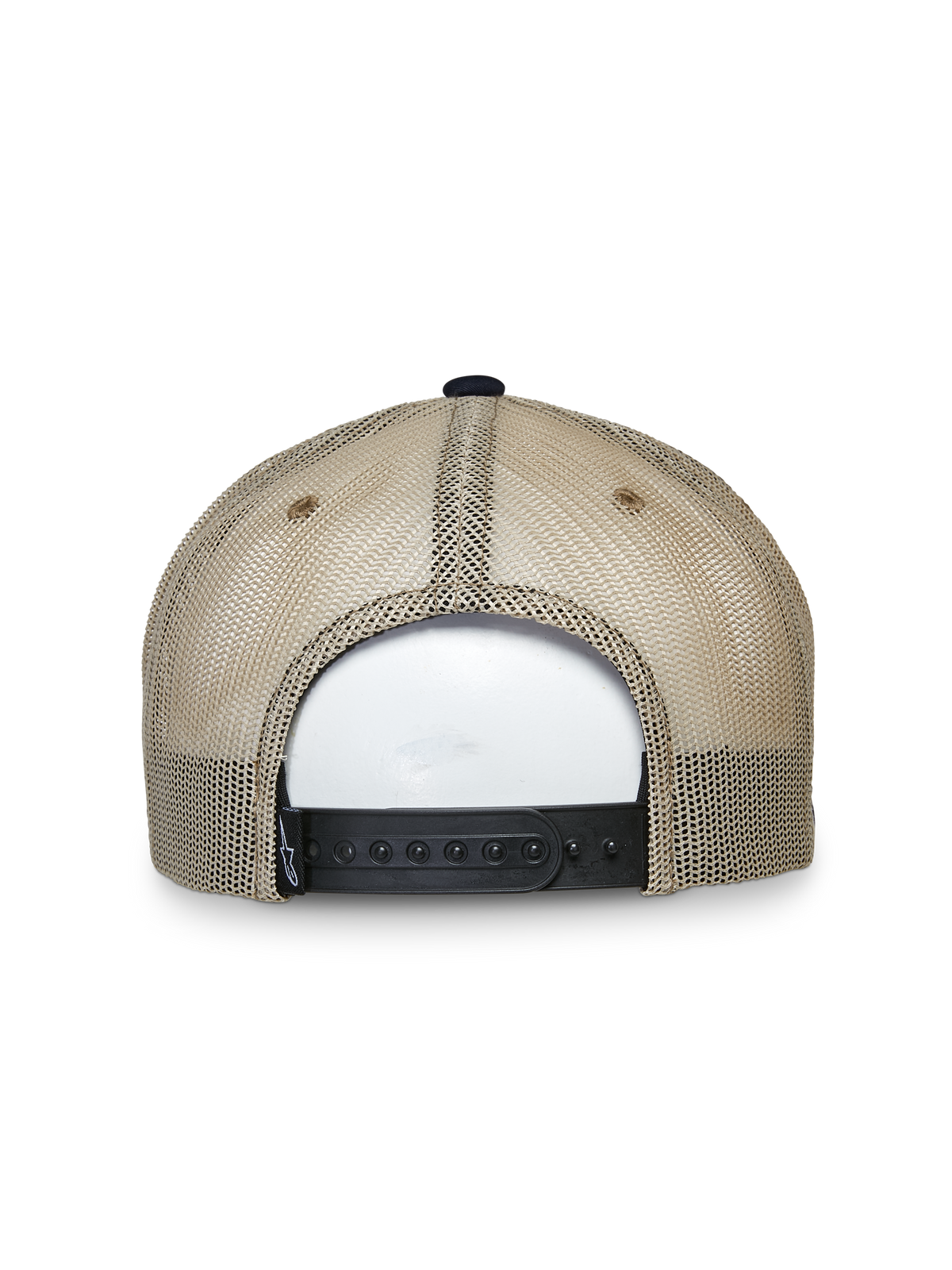 Cappello Alpinestars Mackinic Trucker, cappello trucker, blu navy e kaki, vista posteriore con pannelli in rete kaki e chiusura snapback regolabile nera, copricapo lifestyle casual