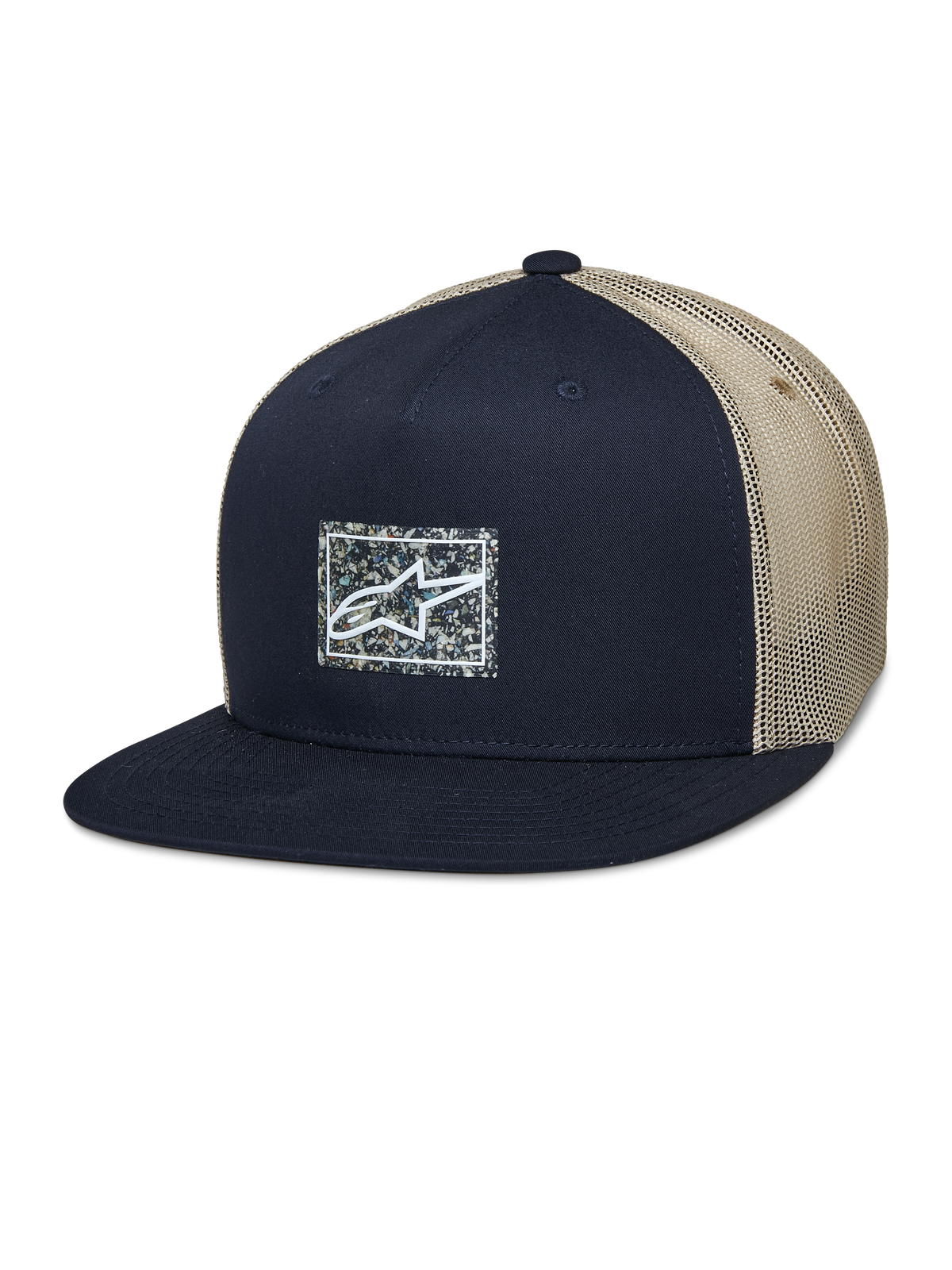 Alpinestars Mackinic Trucker Hat, cappello snapback con visiera piatta, rete blu navy e kaki, patch logo quadrata frontale con sfondo screziato, accessorio lifestyle casual
