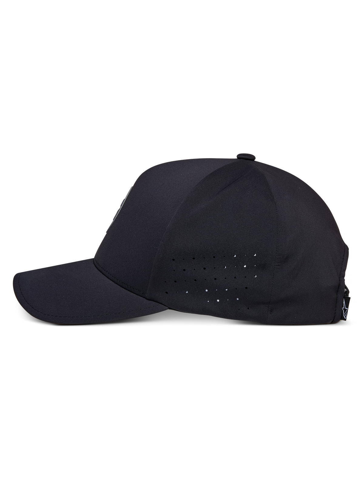 Cappello Alpinestars Apex, nero, vista di profilo laterale, visiera curva con corona strutturata, perforazioni sui pannelli laterali per la traspirabilità, tessuto tecnico traspirante, abbigliamento sportivo tecnico casual