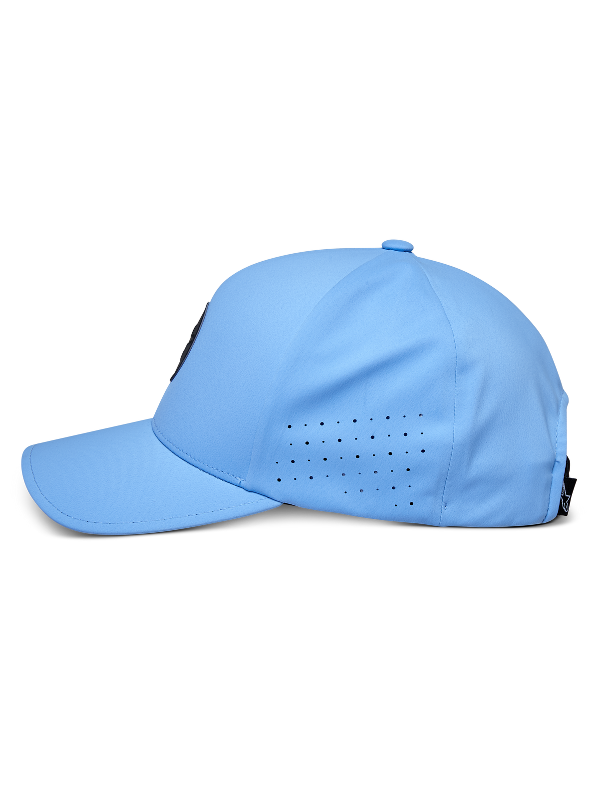 Cappello Alpinestars Apex, blu, vista laterale di profilo, visiera curva con pannelli laterali traforati per la ventilazione, tessuto tecnico traspirante, copricapo tecnico ispirato al motorsport
