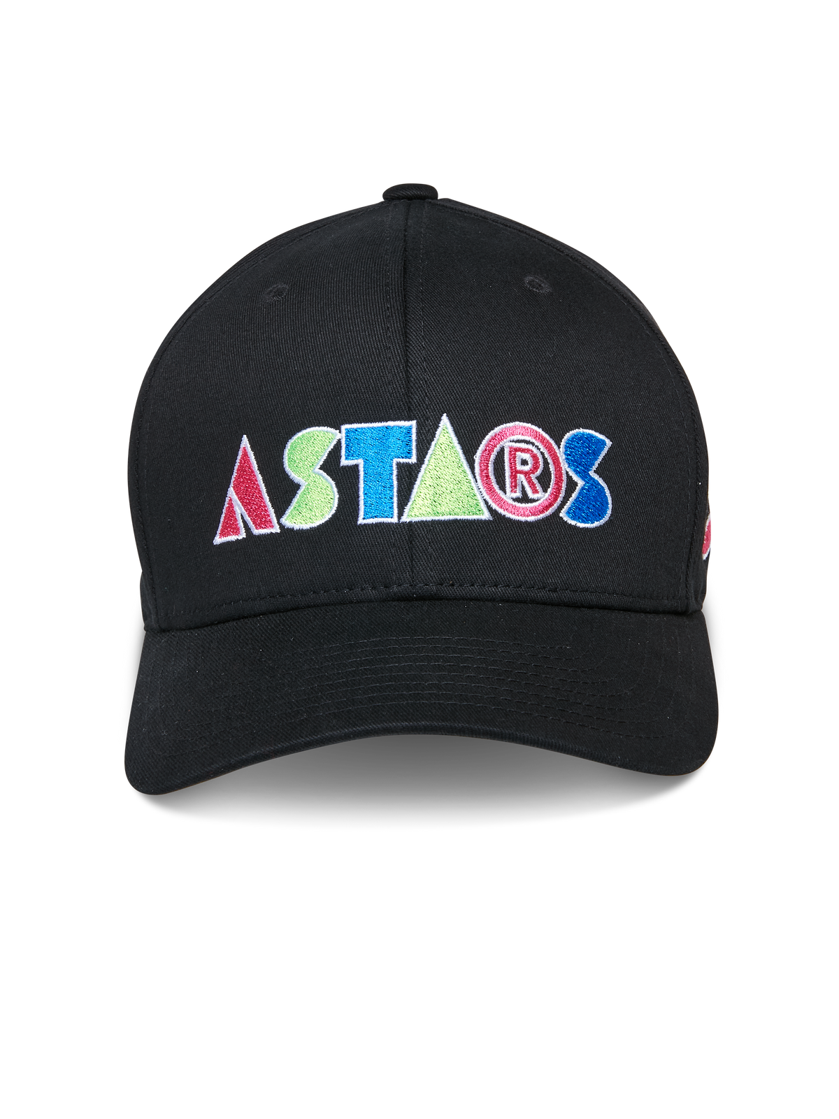Cappello Alpinestars Cereal, berretto da baseball nero, logo ASTARS ricamato colorato sul davanti, corona strutturata con visiera curva, abbigliamento sportivo casual motorsport