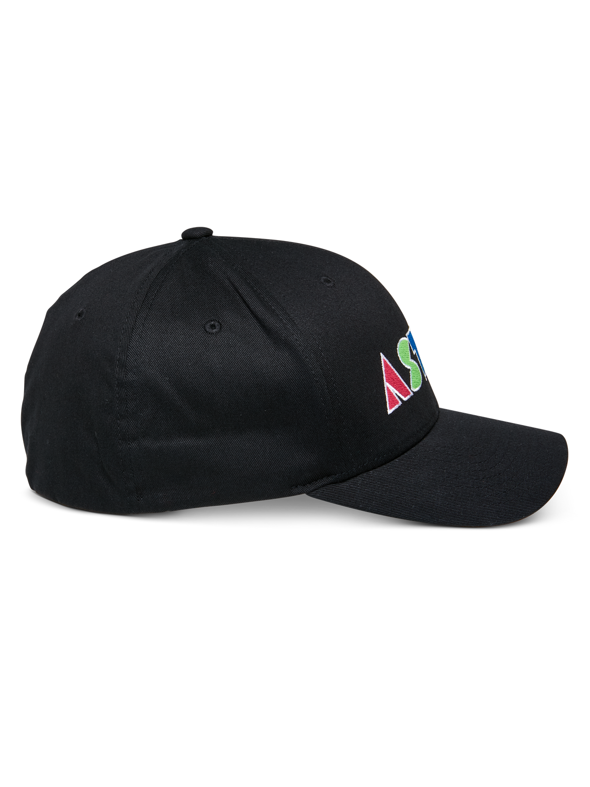 Cappello Alpinestars Cereal, cappellino da baseball nero strutturato, vista laterale, logo ricamato piatto colorato sul lato con lettere geometriche, visiera curva, design casual sportswear
