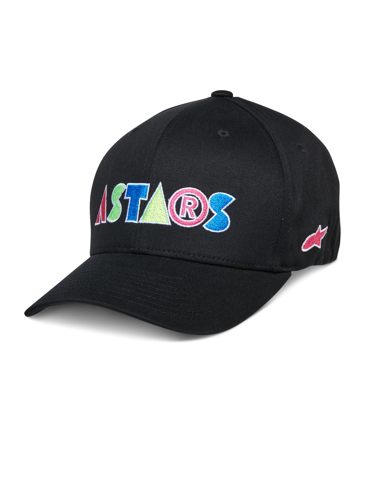 Alpinestars Cereal Hat, cappellino baseball nero con scritte "ASTARS" ricamate multicolore in rosso, blu, rosa e verde, visiera curva, copricapo casual lifestyle