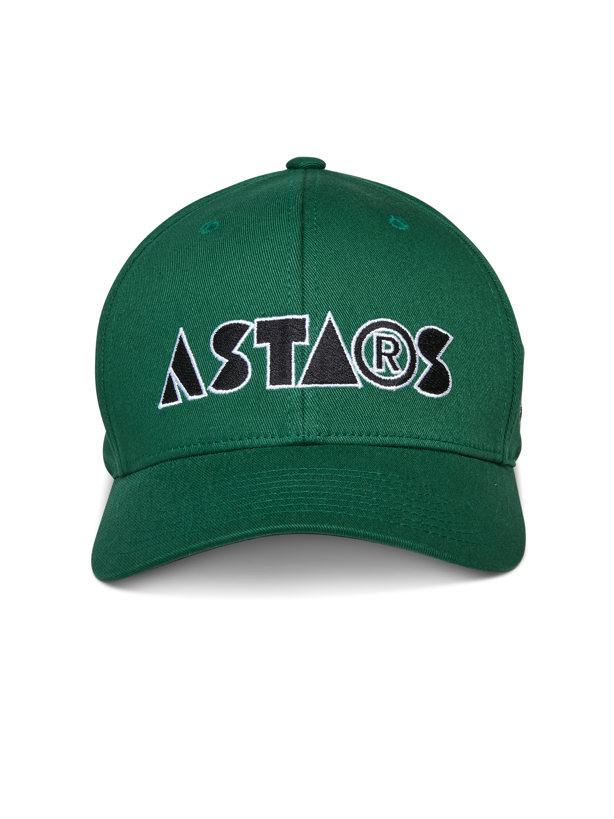 Cappello Alpinestars Cereal, verde, cappellino da baseball con visiera curva, logo "ASTARS" stilizzato ricamato frontalmente in bianco e nero, abbigliamento sportivo casual