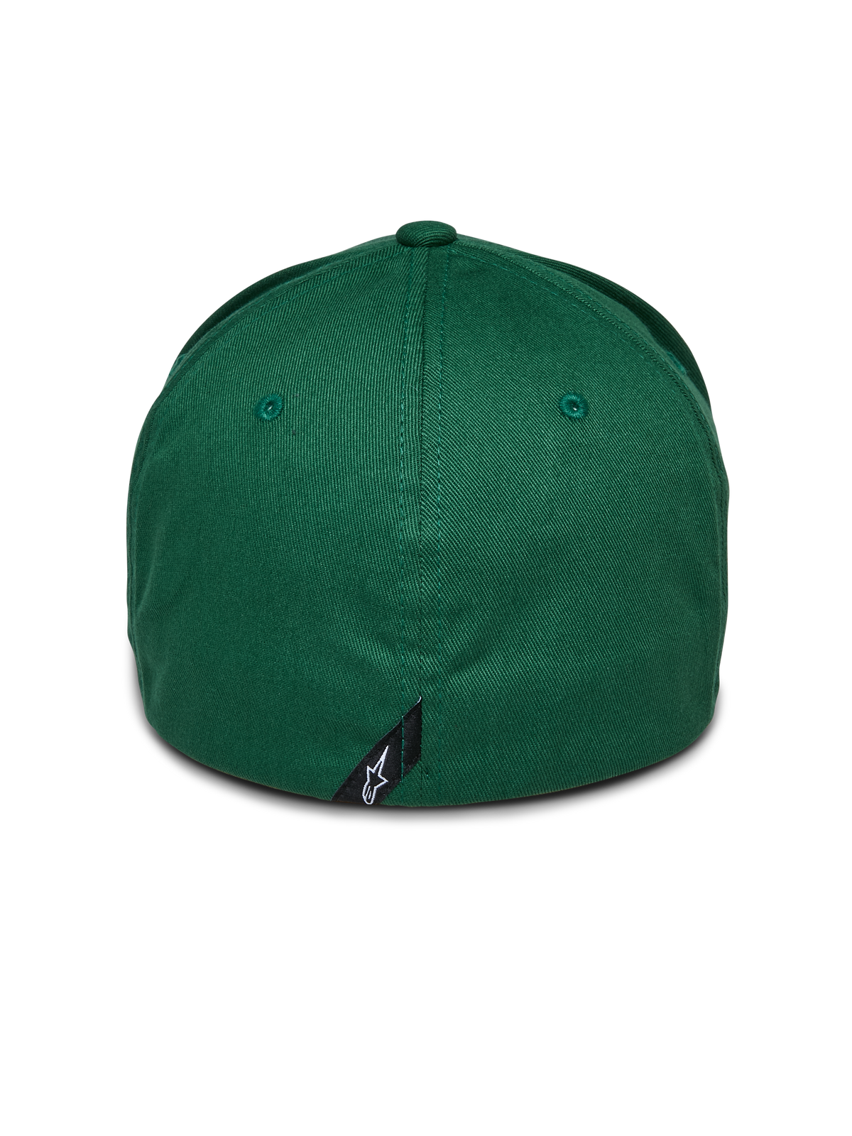 Cappello Alpinestars Cereal, verde, vista posteriore di cappello da baseball con retro flessibile, con piccola etichetta nera del logo Alpinestars sulla cucitura posteriore, corona strutturata in tessuto twill elasticizzato