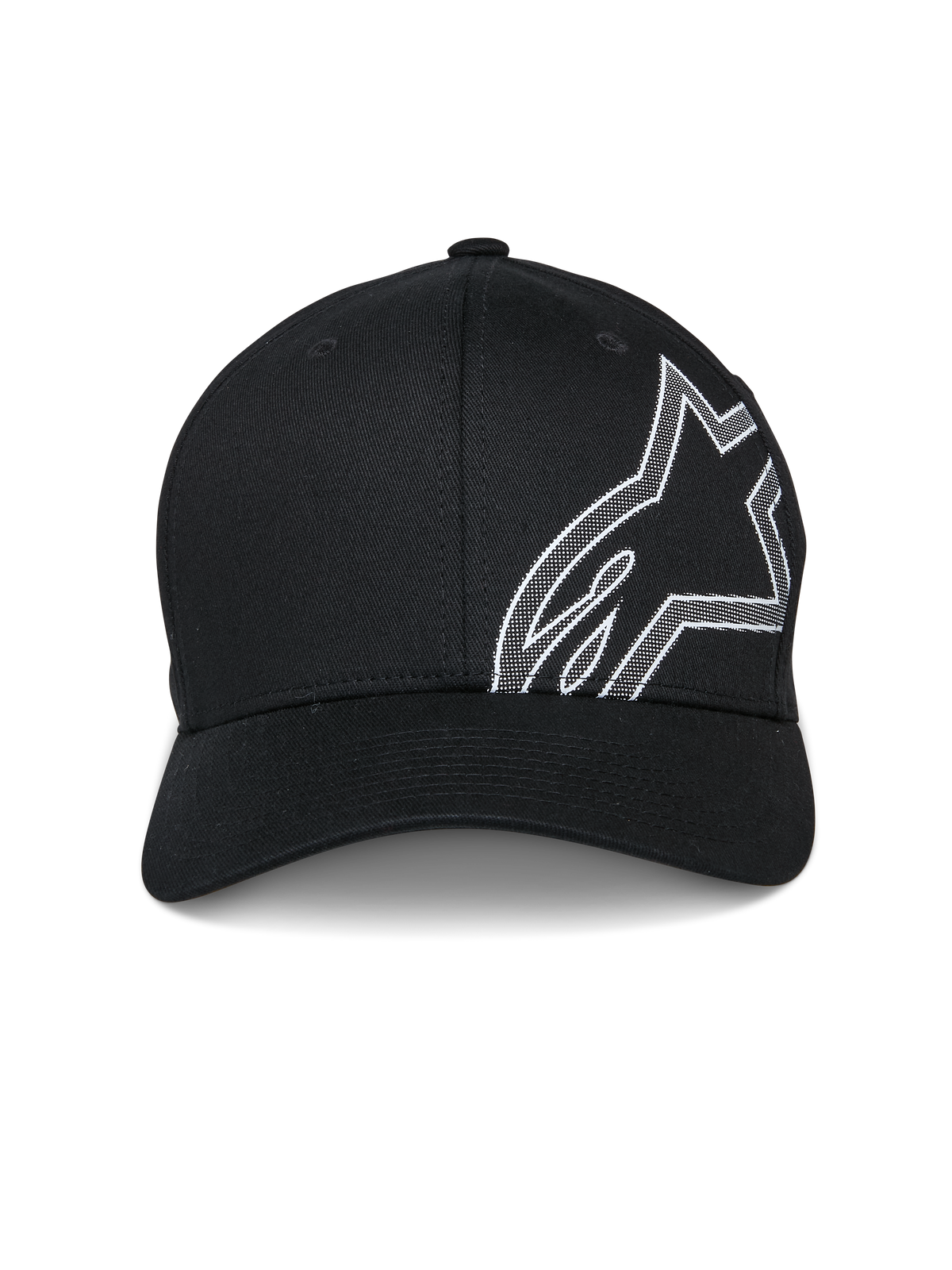 Alpinestars Cappello Share, cappello da baseball, nero, con grande contorno del logo Astars in stampa HD a rilievo bianca sul lato, visiera curva, corona strutturata, abbigliamento sportivo casual ispirato al motorsport