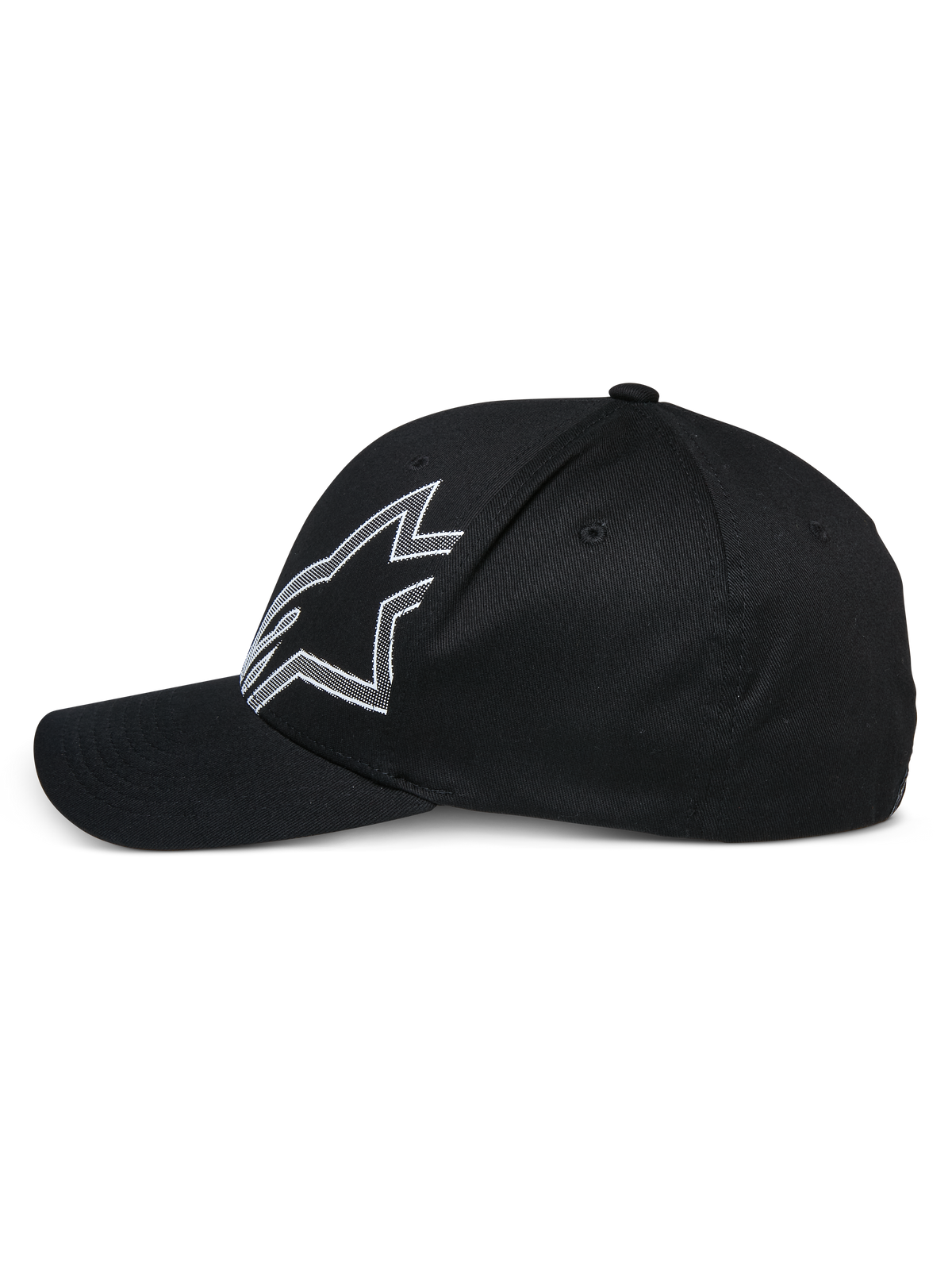 Alpinestars Share Hat, cappellino da baseball nero, vista laterale di profilo, con un grande logo Astars profilato in bianco, visiera curva, corona strutturata, accessorio casual ispirato al motorsport