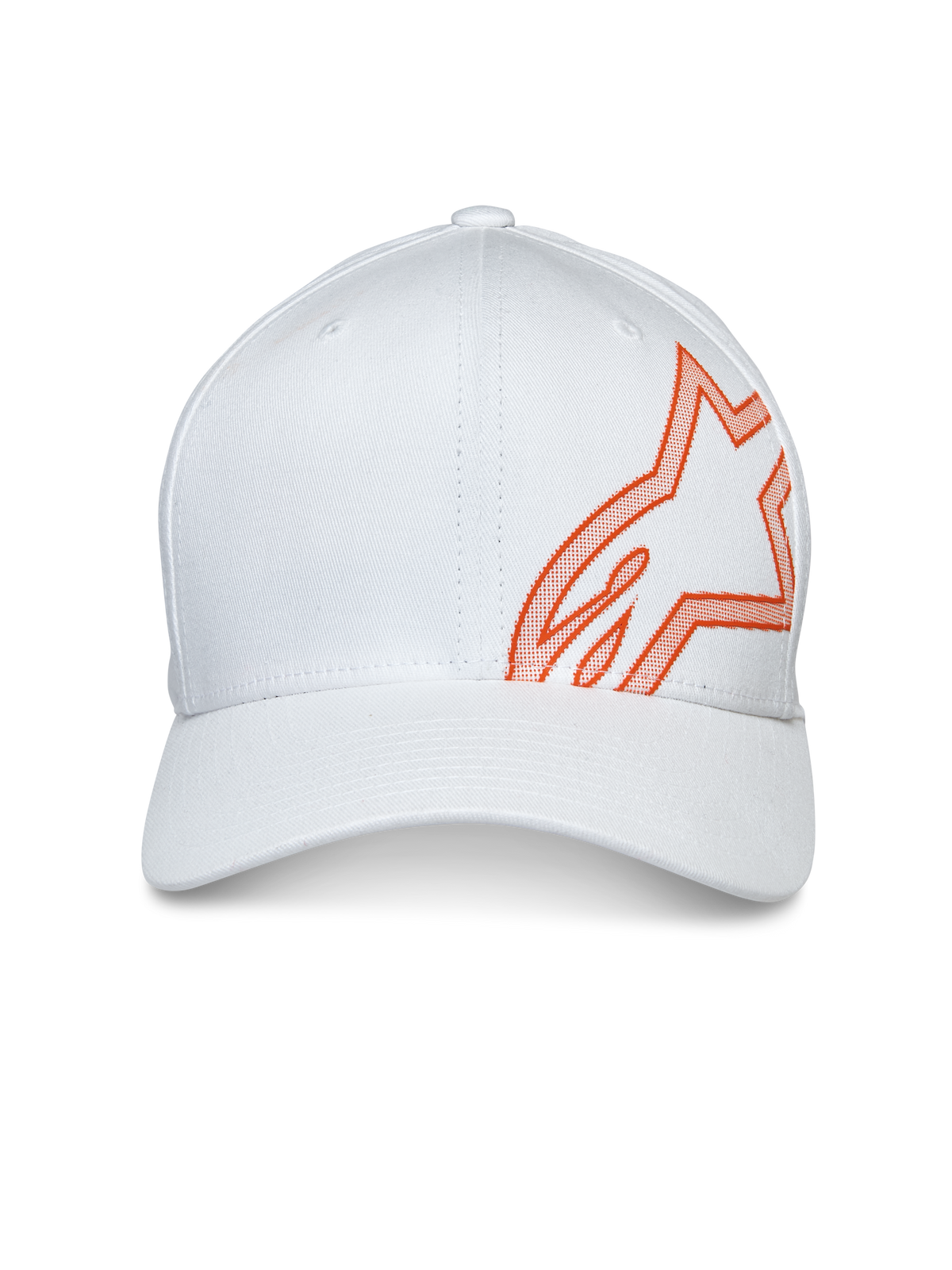 Alpinestars Share Hat, cappello da baseball, bianco, con un grande logo Astars arancione in stampa HD a rilievo sul lato, visiera curva con corona strutturata, copricapo casual da motorsport