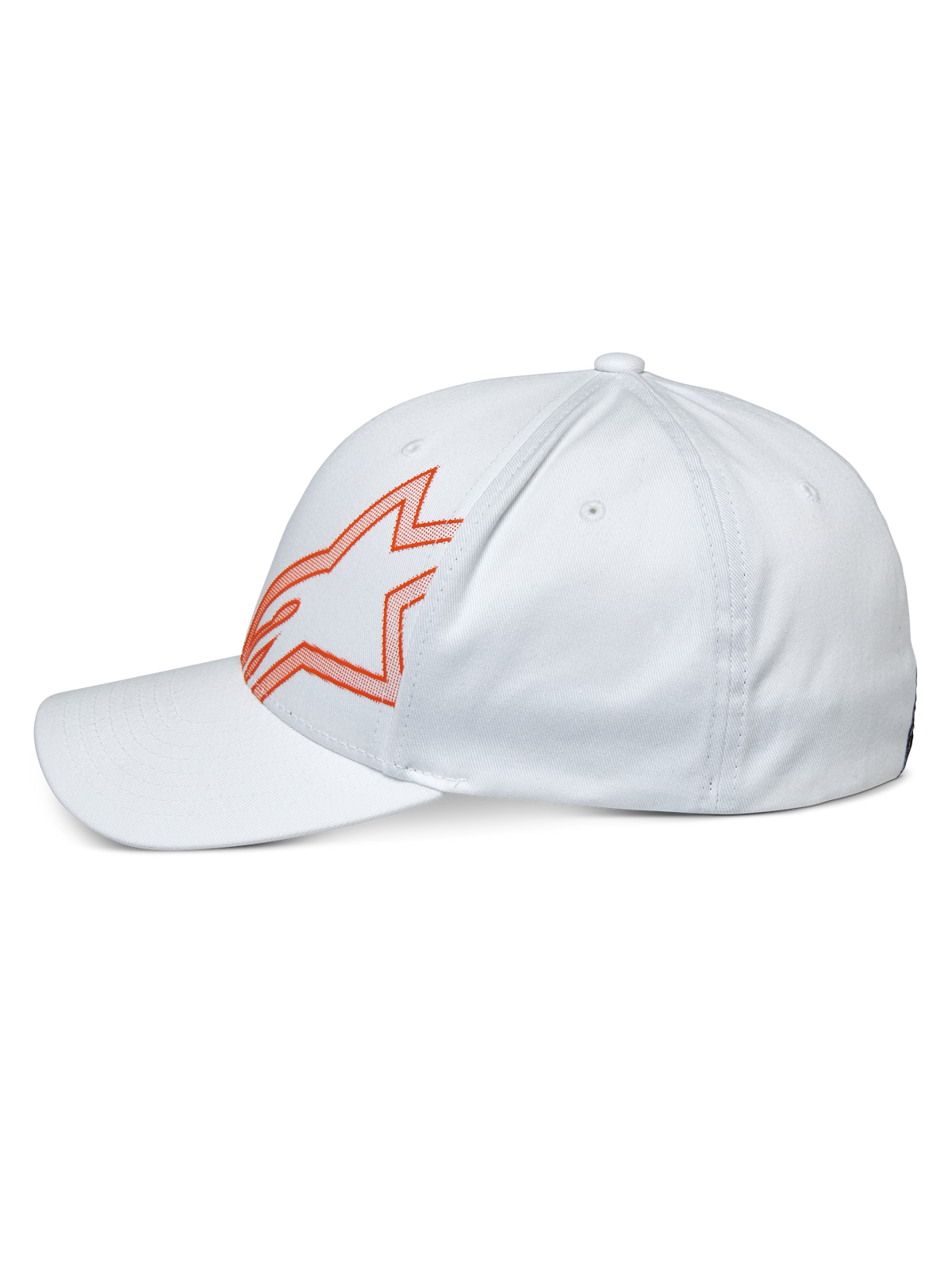 Alpinestars Share Hat, cappello casual bianco, profilo laterale con logo Astars profilato in arancione, visiera curva e corona strutturata, streetwear ispirato al motorsport