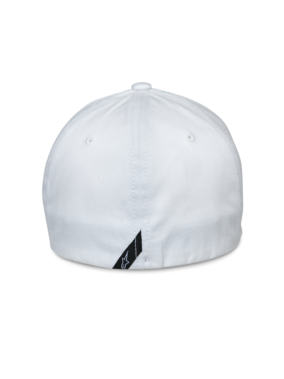 Cappello Alpinestars Share, vista posteriore, cappellino da baseball bianco con retro flessibile, tessuto twill elasticizzato, con una piccola etichetta nera con logo sul bordo inferiore, accessorio sportswear casual