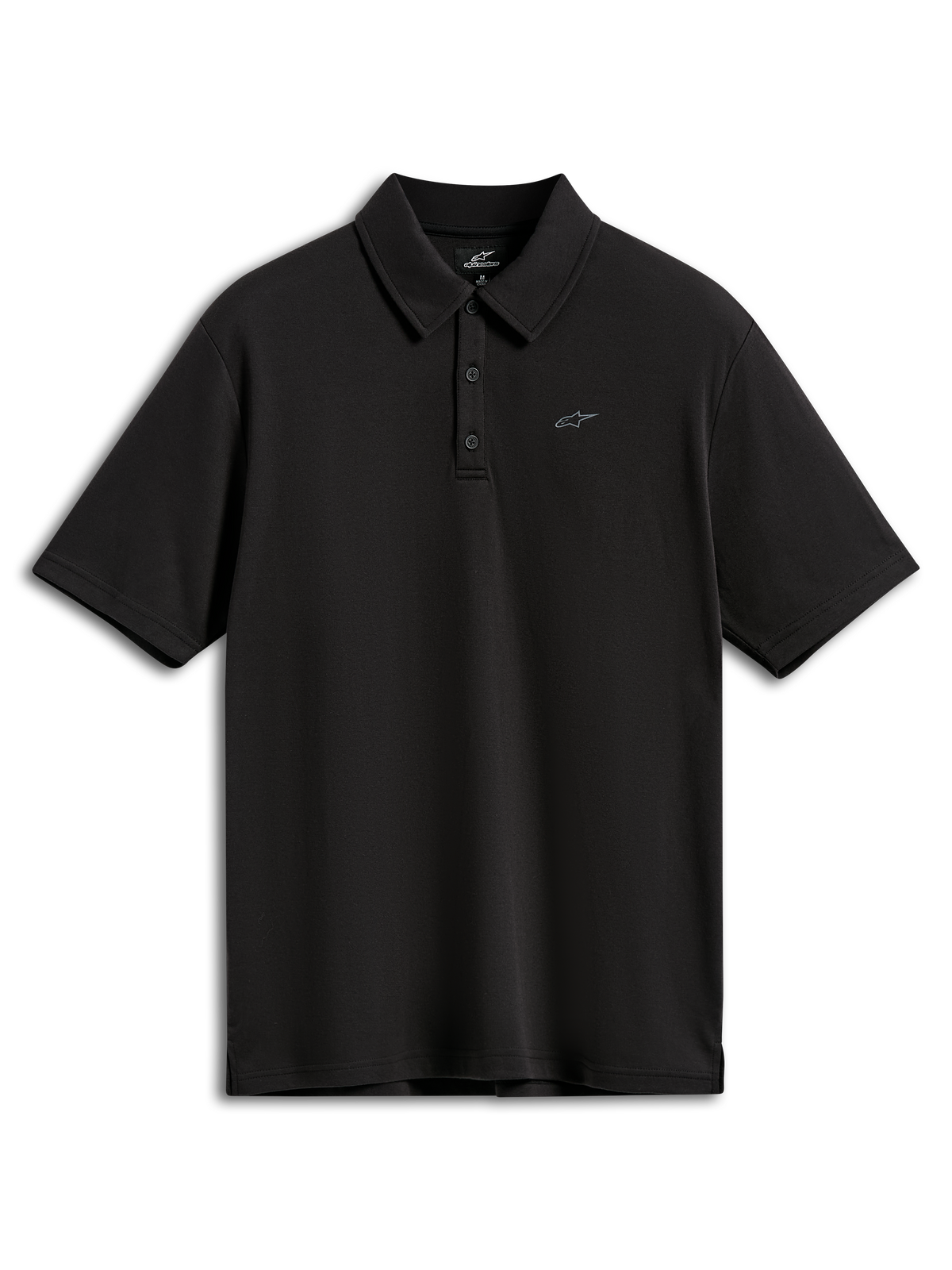 Alpinestars Impetus Sport Polo, polo a maniche corte, nero, con un piccolo logo Astars grigio sul petto, abbottonatura a tre bottoni e colletto dello stesso tessuto, abbigliamento sportivo casual