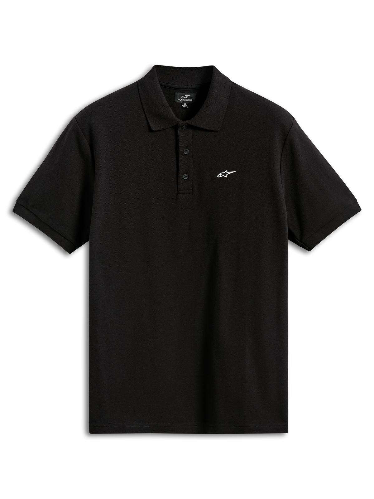 Alpinestars Polo Endeavor Classic, polo a maniche corte in piqué, nero, con piccolo logo Astars bianco sul petto, abbottonatura a tre bottoni, colletto e polsini a coste, abbigliamento sportivo casual