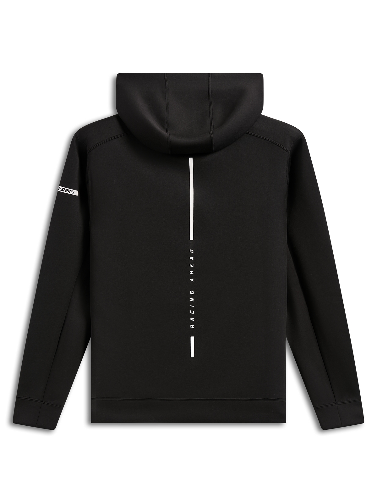 Felpa con cappuccio Alpinestars Insight, vista posteriore, felpa pullover in pile nera, striscia bianca verticale con scritta 'RACING AHEAD', logo Alpinestars sulla manica, streetwear casual ispirato al motorsport