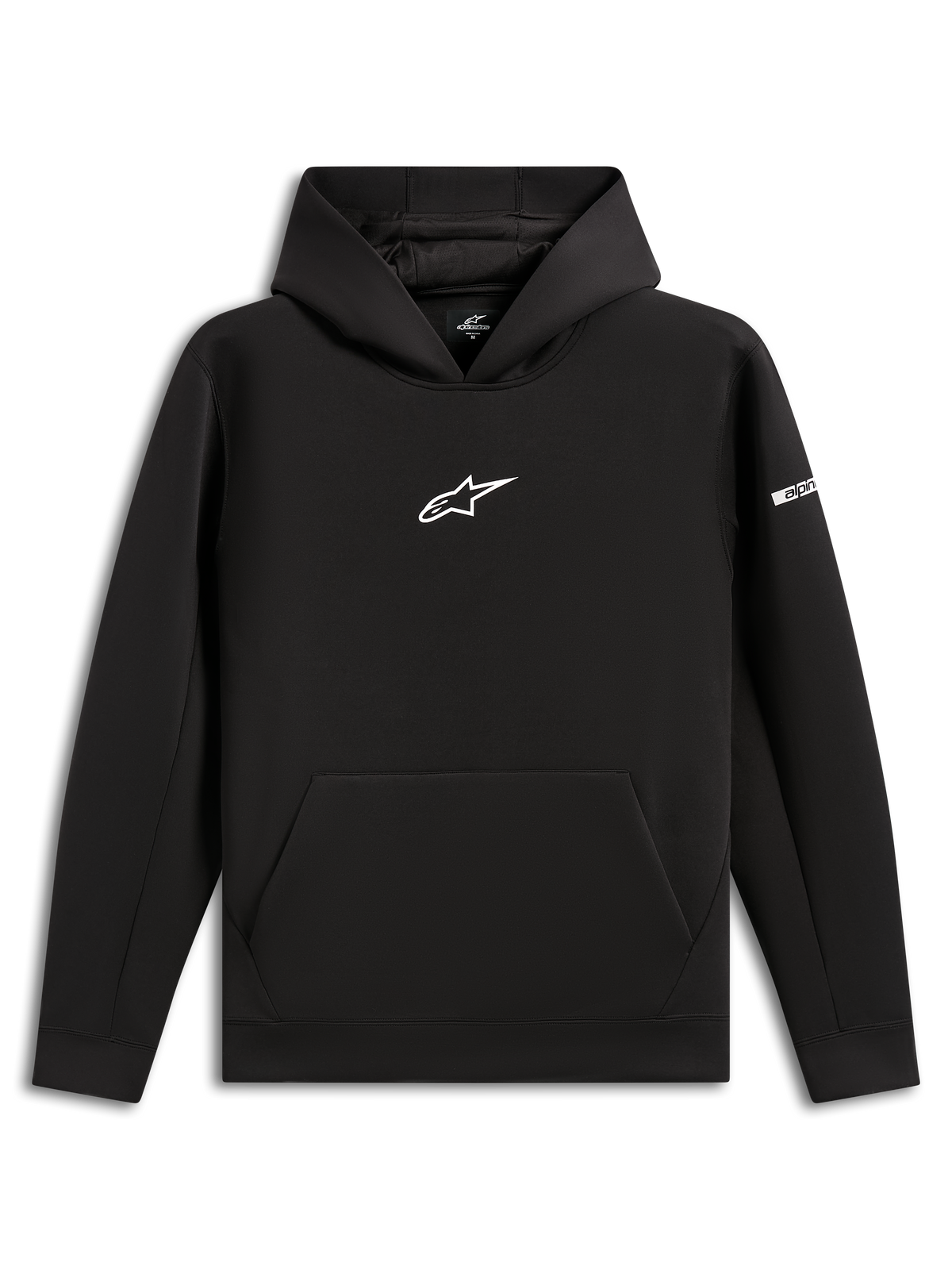 Alpinestars Insight Hoodie, felpa pullover nera, logo Astars bianco sul petto, tasca a marsupio, cappuccio foderato in rete, streetwear casual d'ispirazione motorsport
