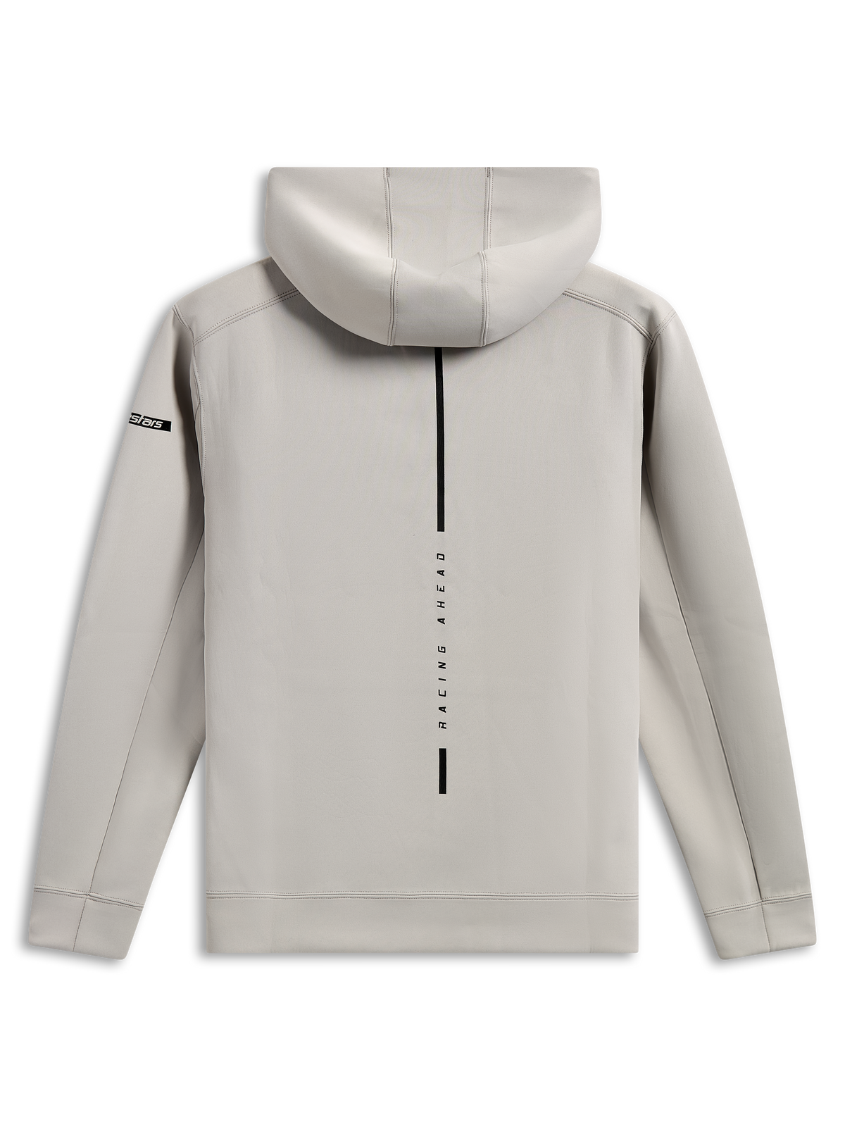 Alpinestars Felpa Insight, vista posteriore del pullover grigio cemento, caratterizzata da una striscia nera verticale con la scritta 'RACING AHEAD', piccolo logo Astars sulla manica, morbido pile tri-blend double face, stile casual motorsport streetwear