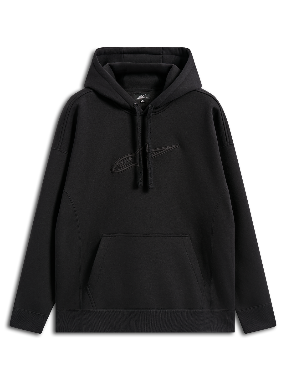 Felpa con cappuccio Alpinestars Emergent Oversized, casual streetwear, nero con logo Astars ricamato tono su tono, vestibilità oversize, cappuccio con cordino, tasca a marsupio, design moderno ispirato al motorsport