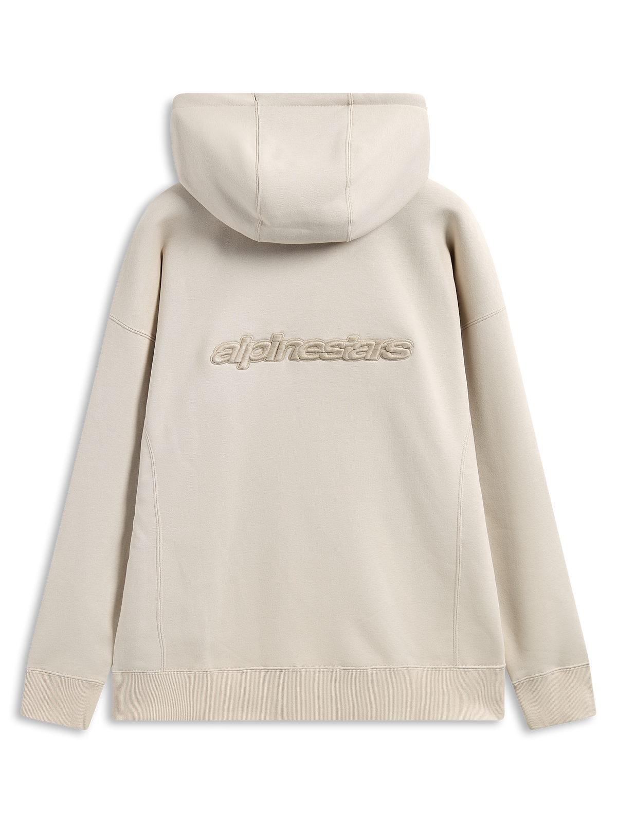 Felpa con cappuccio Alpinestars Emergent Oversized, vista posteriore, sabbia, logo Alpinestars ricamato in 3D al centro della schiena, vestibilità oversize con polsini e orlo a costine, streetwear casual