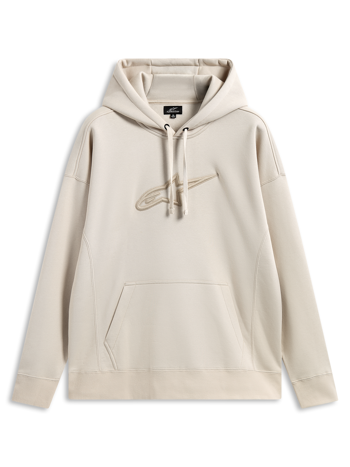 Alpinestars Emergent Oversized Hoodie, felpa con cappuccio streetwear casual, colore sabbia con logo Astars ricamato in 3D tono su tono, cappuccio con cordino, tasca a marsupio, vestibilità oversized rilassata