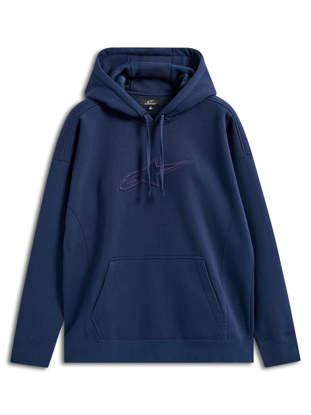 Alpinestars Emergent Oversized Hoodie, blu navy, felpa pullover con logo Astars ricamato in 3D tono su tono sul petto, tasca a marsupio, cappuccio con coulisse, streetwear casual dalla vestibilità rilassata