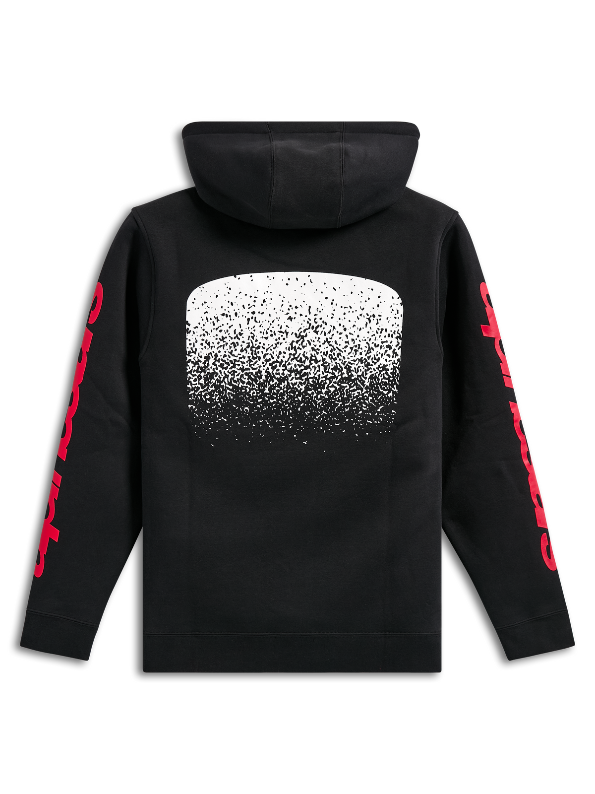 Felpa con cappuccio Alpinestars Obsessed, felpa nera in pile pullover, vista posteriore, grande grafica bianca con gradazione MX sulla schiena, loghi Alpinestars rossi sulle maniche, streetwear casual ispirato al motorsport
