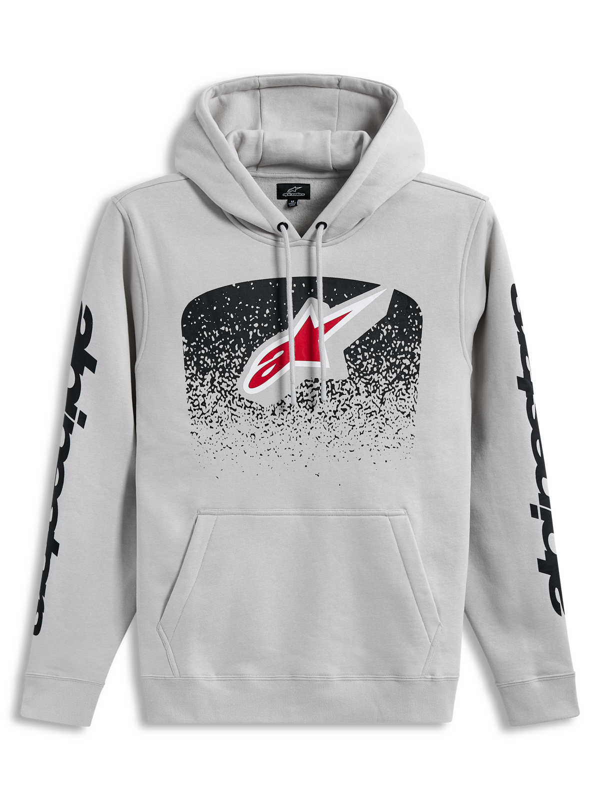 Alpinestars Obsessed Hoodie, felpa con cappuccio grigio cemento con logo frontale a sfumatura MX e grafiche nere sulle maniche, abbigliamento sportswear casual ispirato al motocross