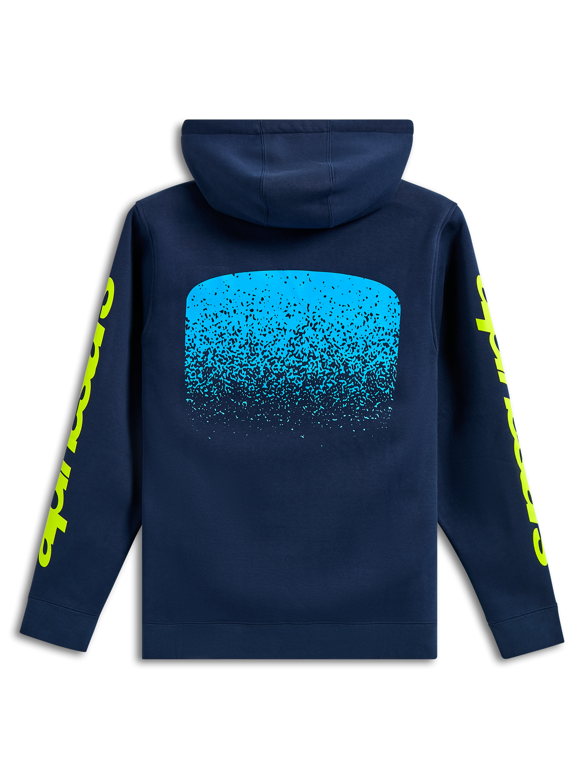 Alpinestars Obsessed Hoodie, vista posteriore, blu navy, grafica con gradazione MX azzurra sul retro, loghi Alpinestars gialli sulle maniche, abbigliamento casual streetwear motorsport